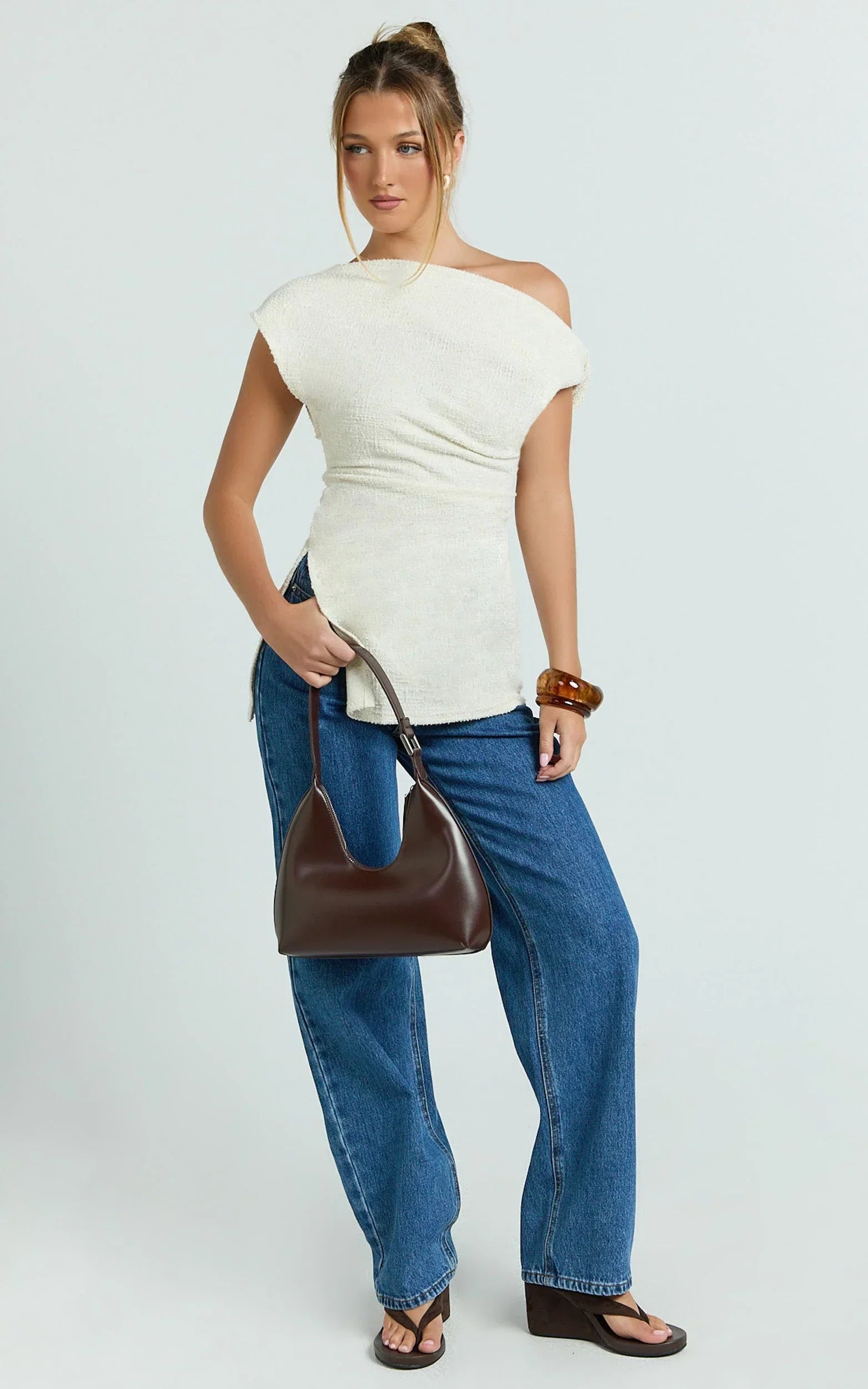 Anna Top - Knit Longline Off Shoulder Top in Cream