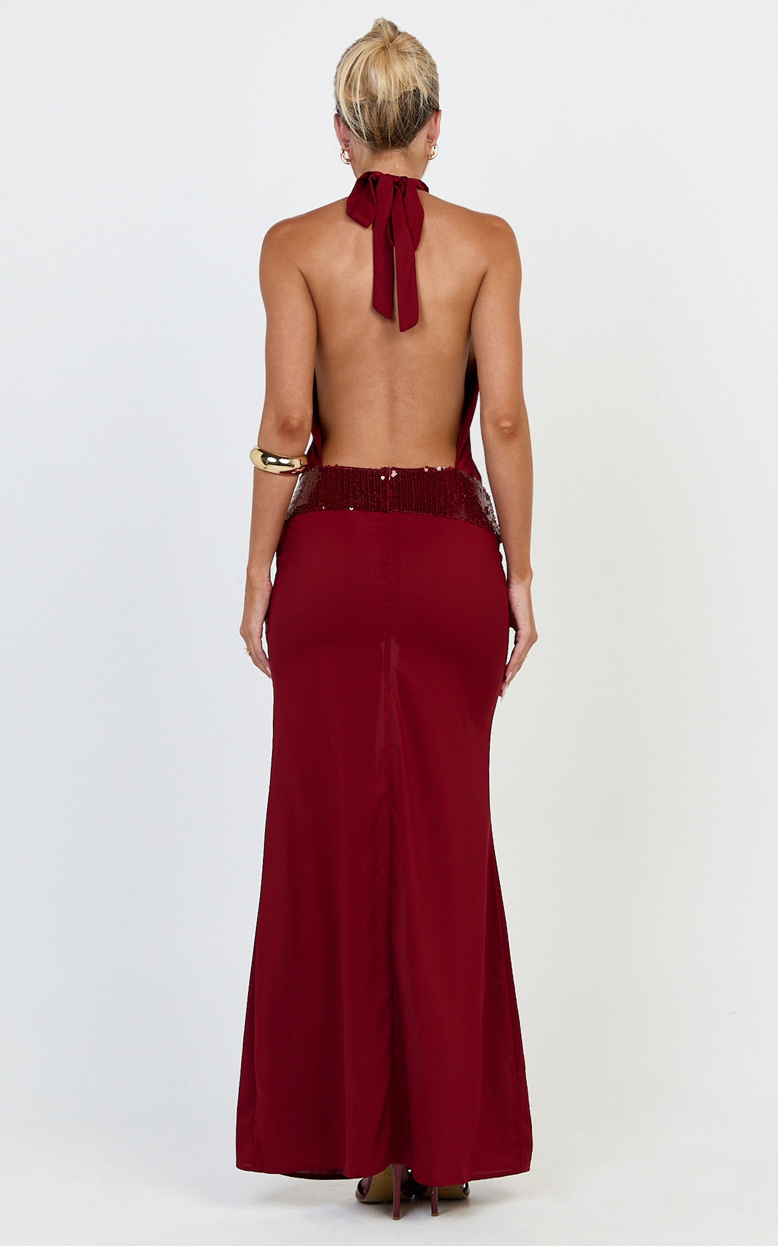 Evianne Maxi Dress - Backless Sequin Drop Waist Halter Dress in Wine