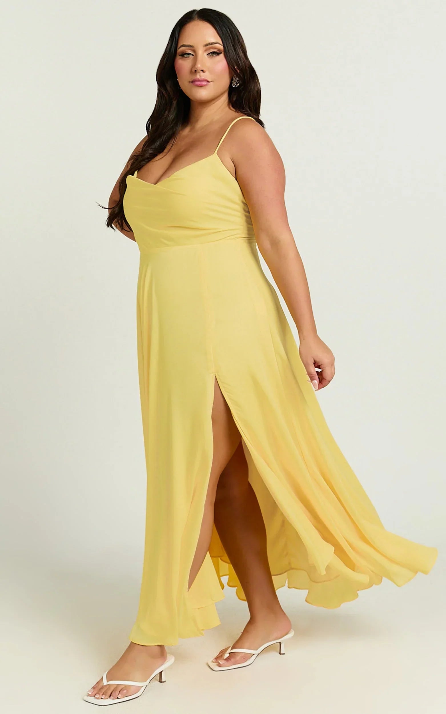 Celestine Midi Dress - Lace Up Back Cowl Neck Dress in Lemon