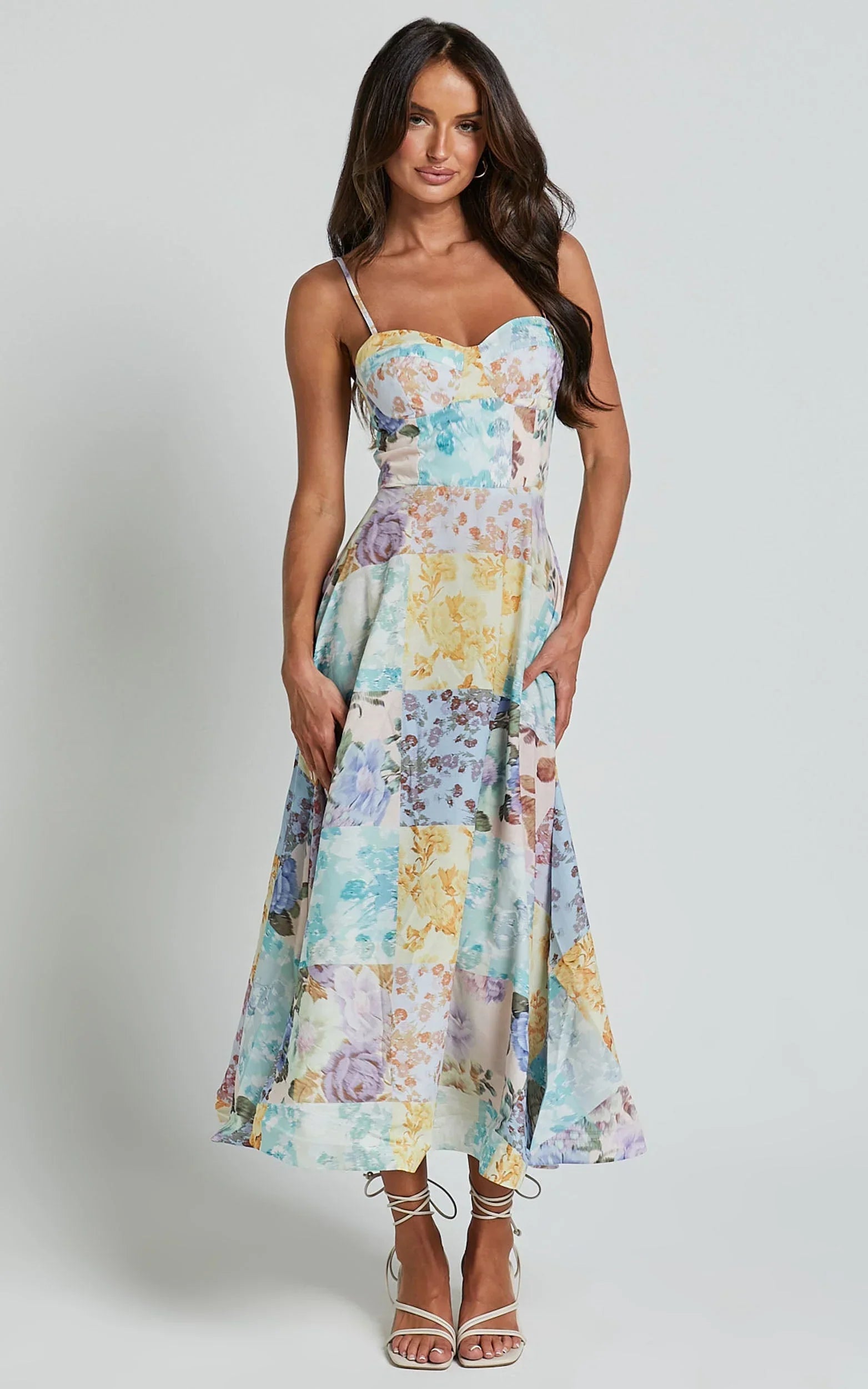 Robertson Midi Dress - Strappy Sweetheart Bustier Flare Dress in Vintage Floral