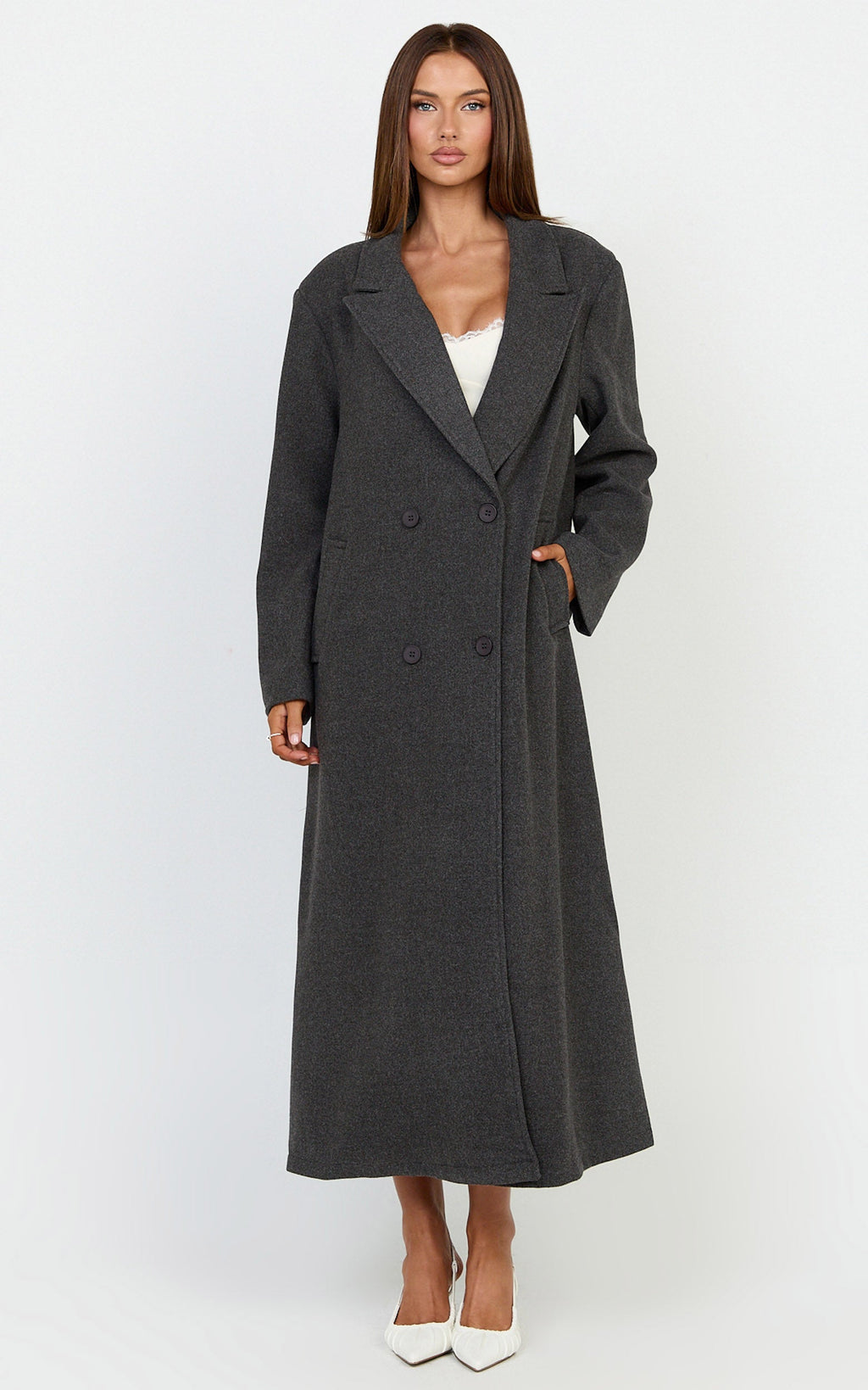 Eloise Coat - Oversized Longline Tailored Coat in Grey Marle