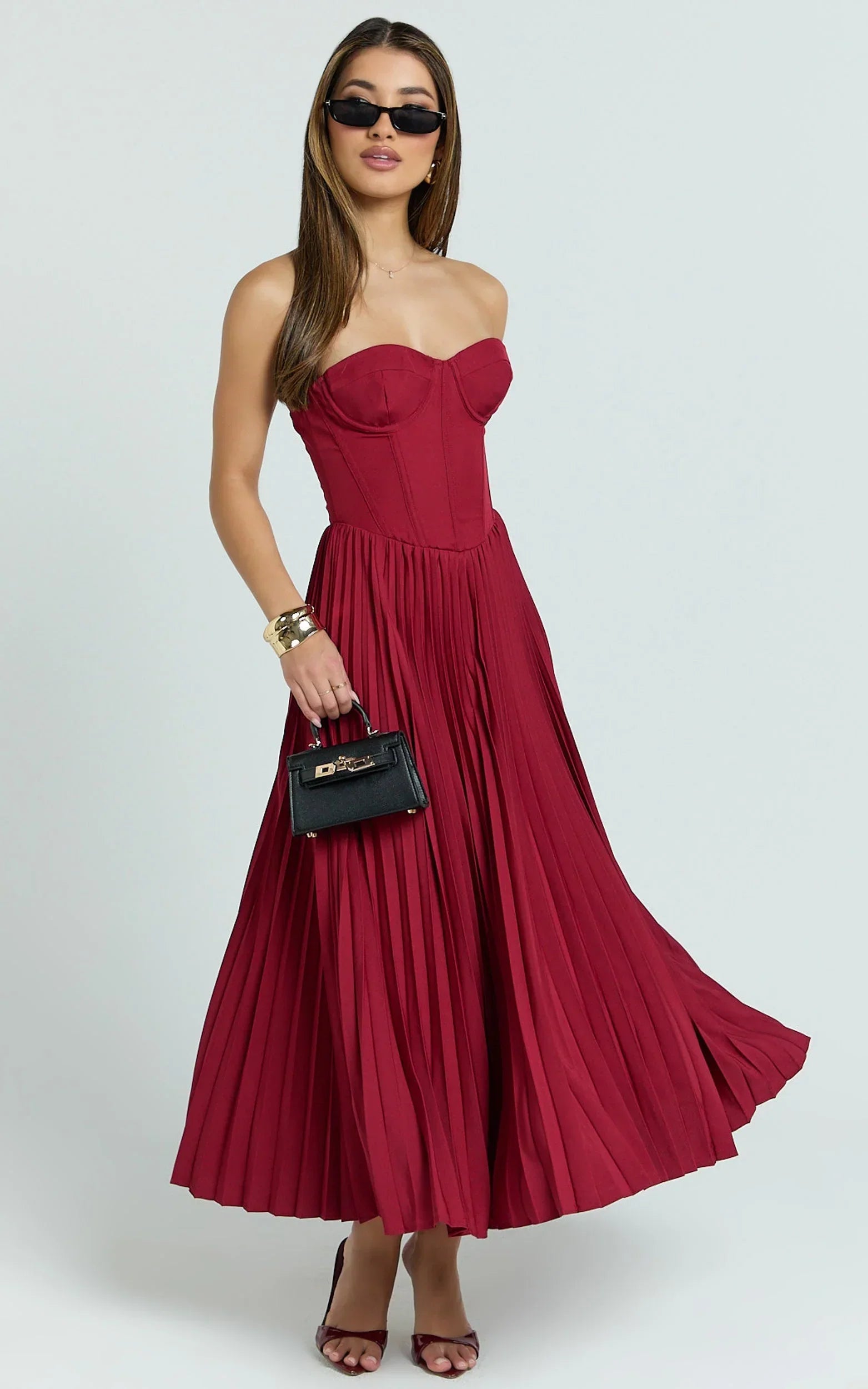 Loretta Midi Dress - Lace Up Back Bustier Pleated Dress in Wine