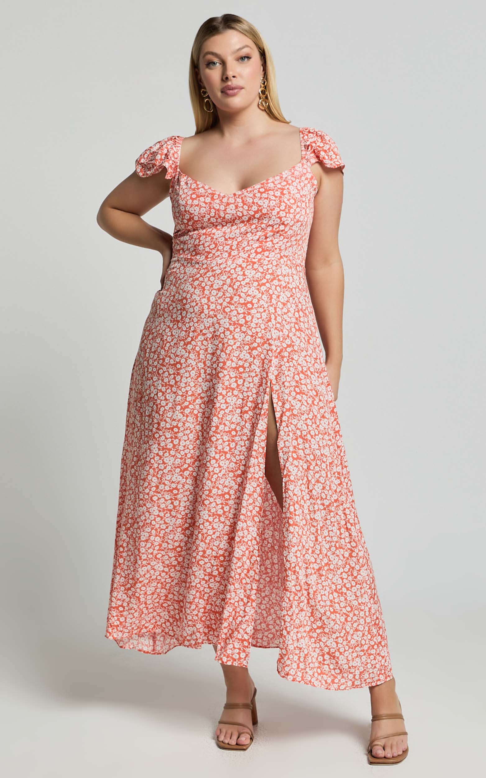 Donissa Midi Dress - Thigh Split Flutter Sleeve Dress in Orange Floral
