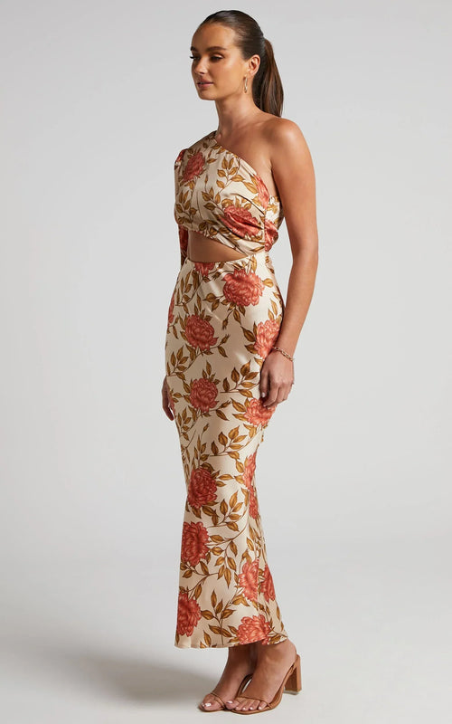 Abagail Midi Dress - One Shoulder Cut Out Dress in Beige Floral