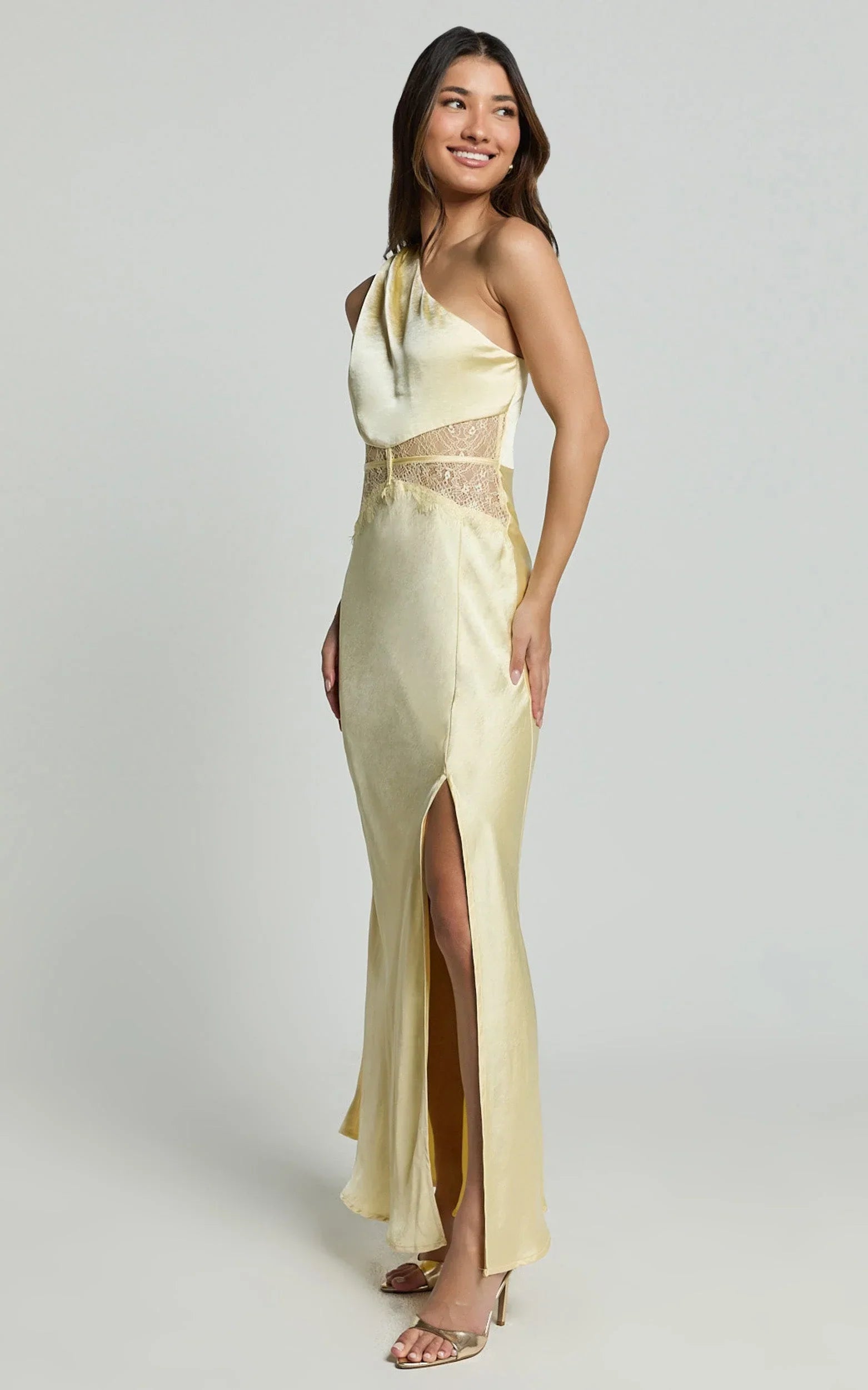 Estella Midi Dress - Asymmetrical Lace Detail Waist Slip Dress in Butter