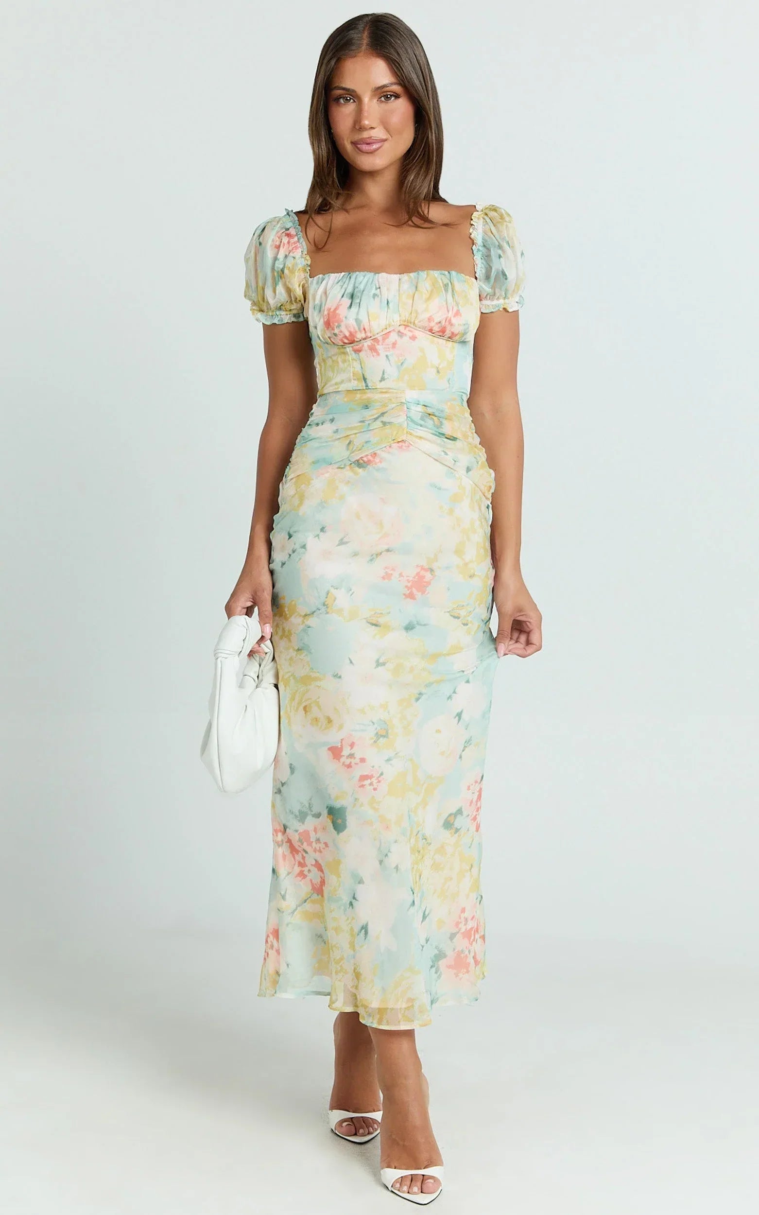 Debina Maxi Dress - Sweetheart Neckline Short Sleeve Dress in Yellow
