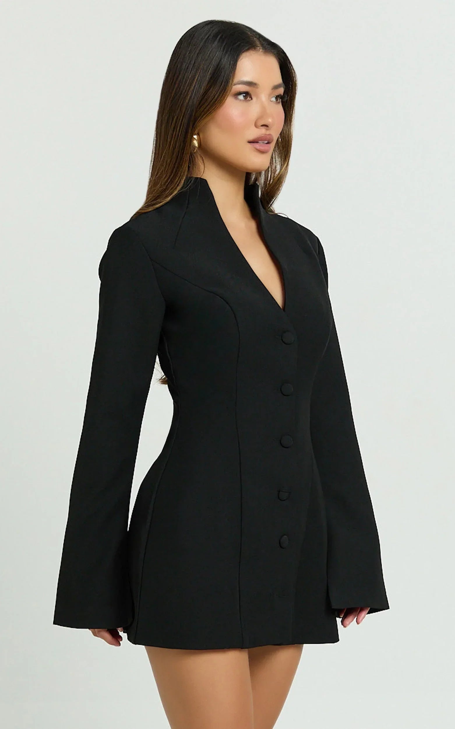 Layton Mini Dress - V Neck Long Sleeve Button Front Tulip Skirt Dress in Black