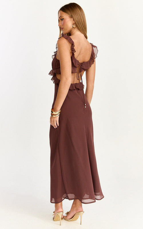 Alessa Midi Dress - V Neck Frill Detail Empire Waist Back Cut Out Dress in Brown
