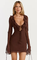 Alesya Mini Dress - Ruffle Plunge Neck Long Sleeve Tie Detail Dress in Chocolate