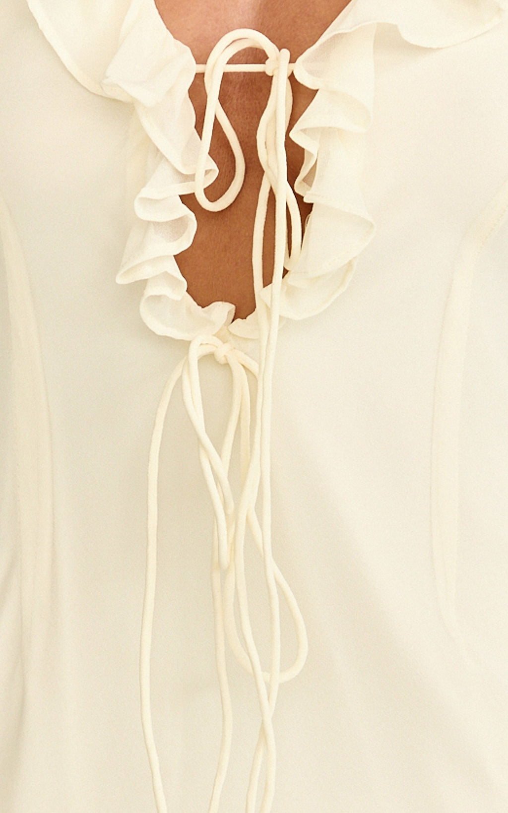 Alesya Mini Dress - Ruffle Plunge Neck Long Sleeve Tie Detail Dress in Cream