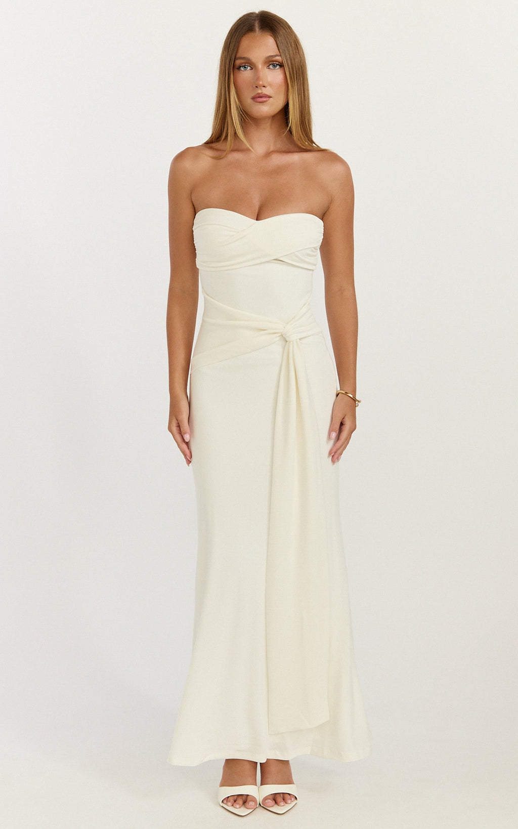 Aria Midi Dress - Strapless Tie Waist Dress in Off White
