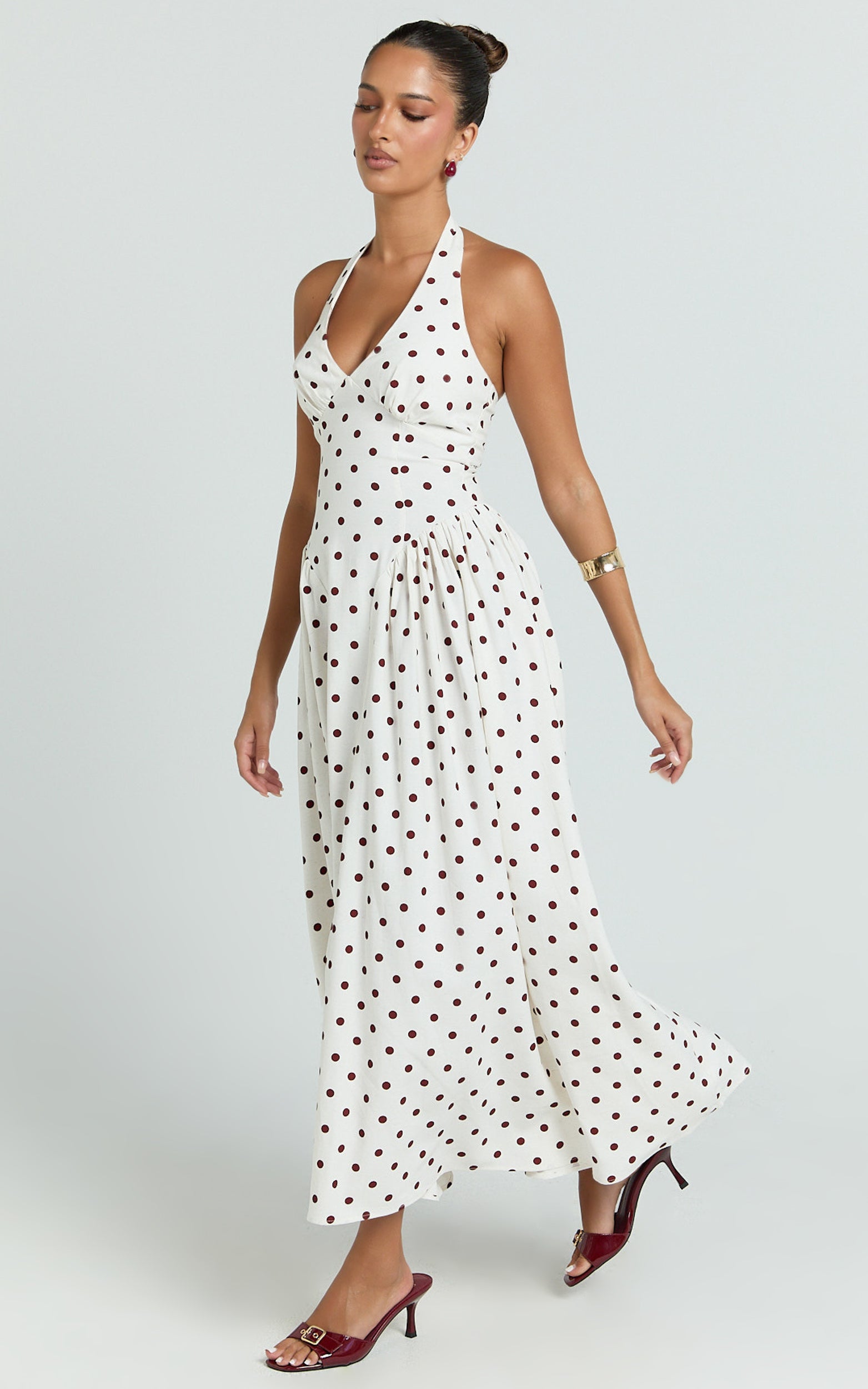 Athena Midi Dress - Halter Drop Waist Dress in Red Polka Dot