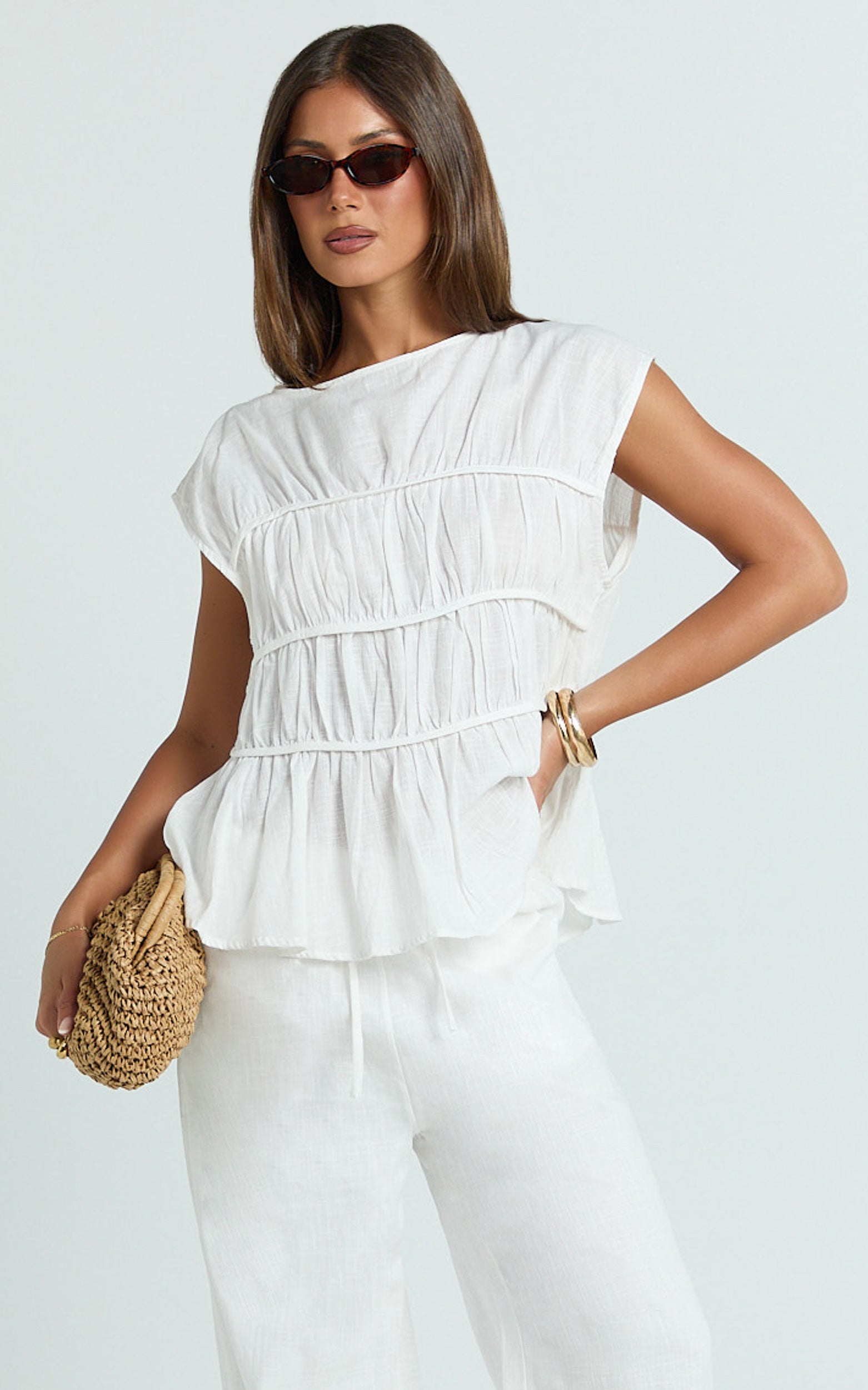 Auric Two Piece Set - Ruched Detail Top and Wide Leg Pants Set in Cream