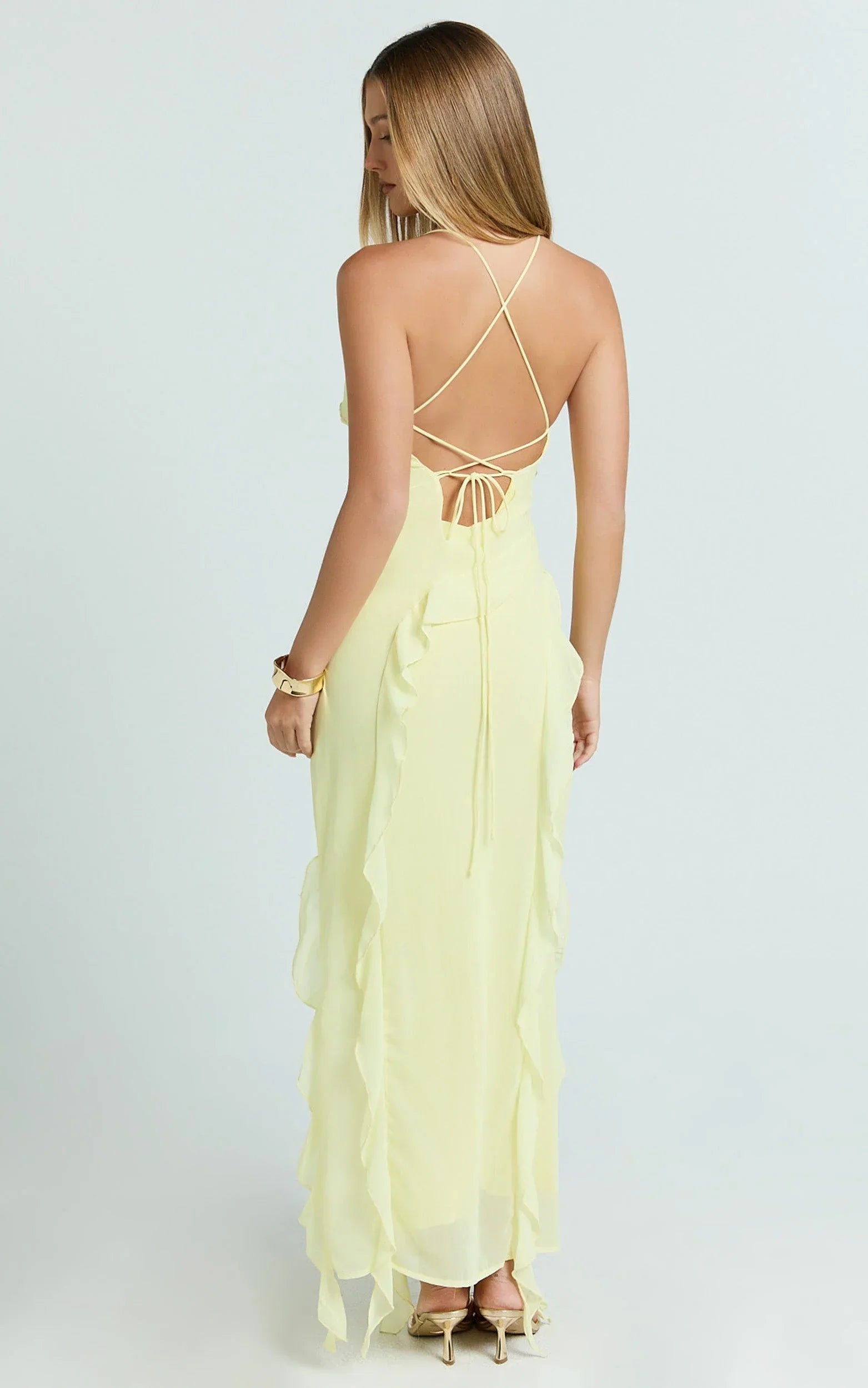Connie Midi Dress - Ruffle Detail Dress in Lemon