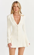Bea Mini Dress - Collared Long Sleeve Fit And Flare Pleated Dress in Cream