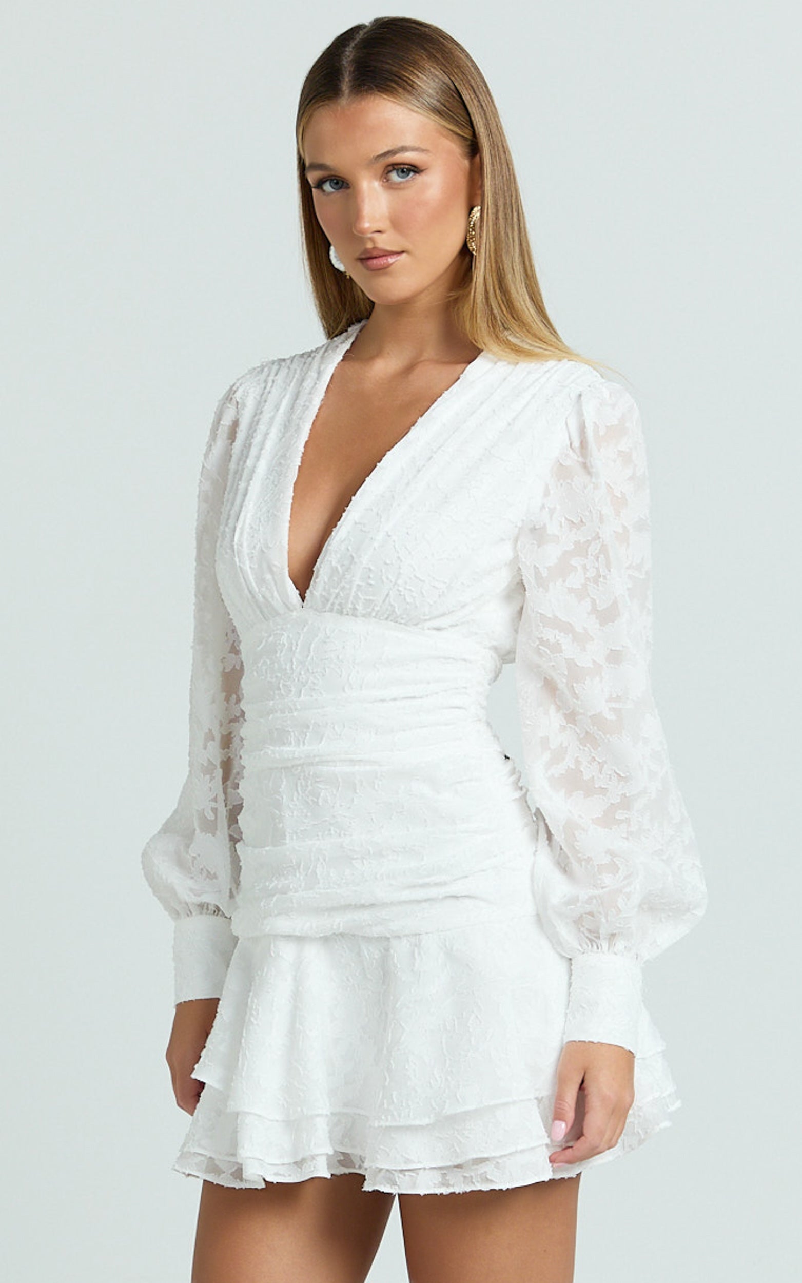 Bijou Mini Dress - Embroidery Long Sleeve Dress in White