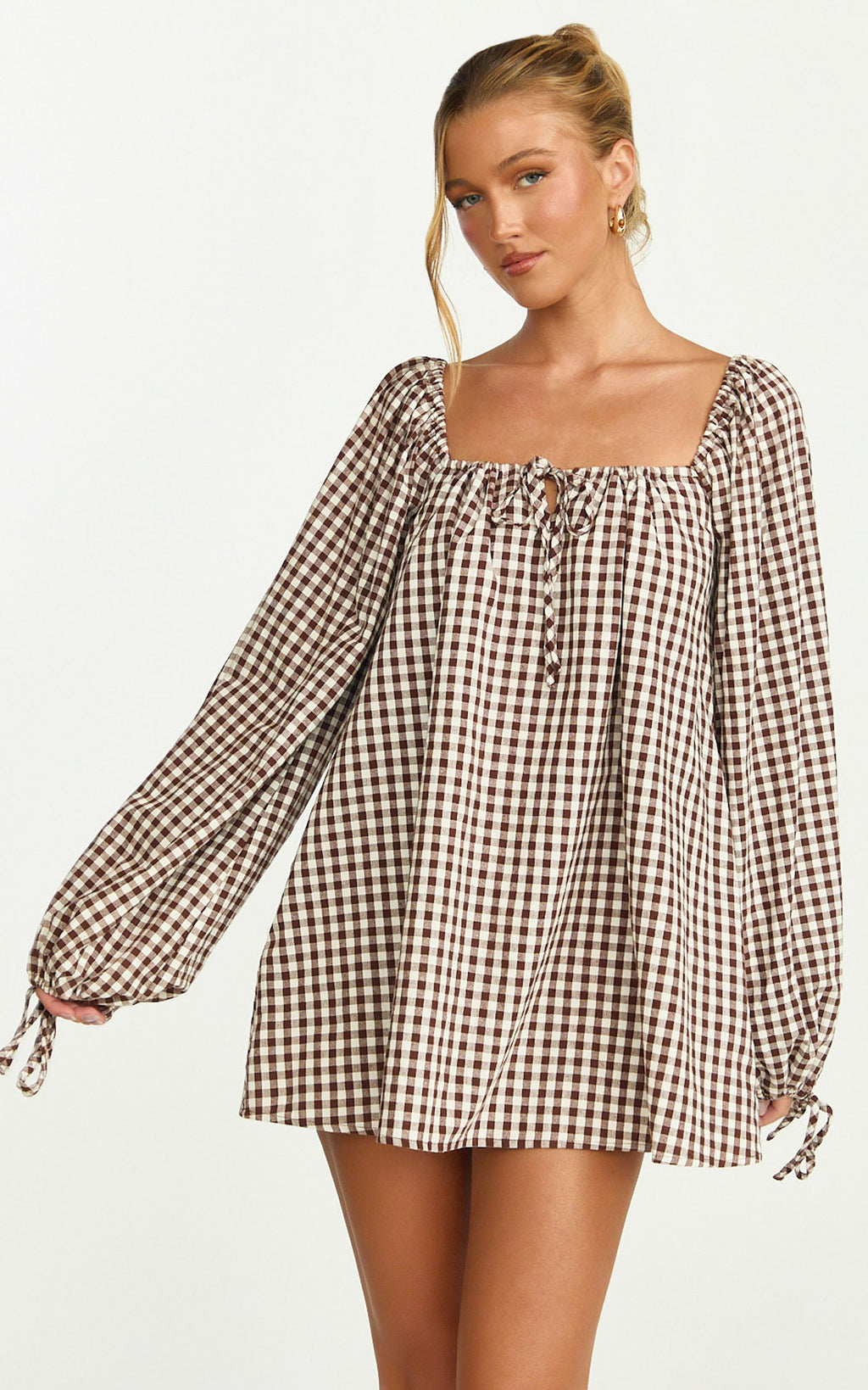 Brixton Mini Dress - Square Neck Smock Dress in Chocolate
