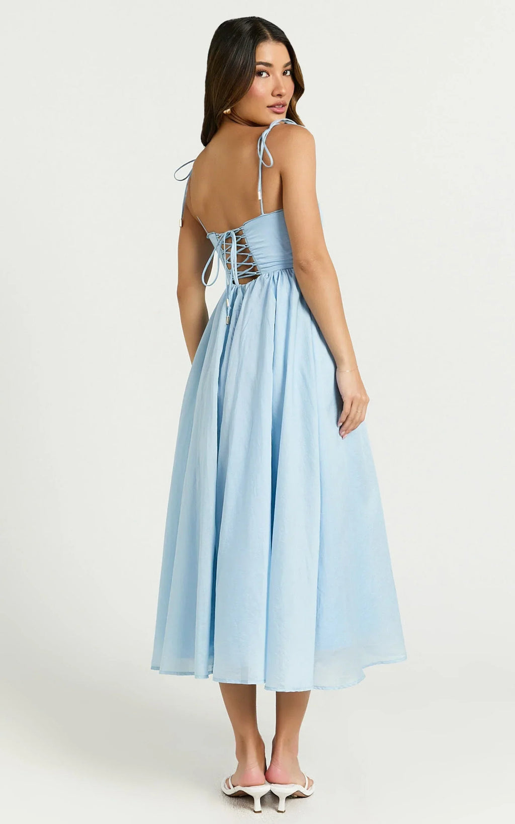 Dolores Midi Dress - Strappy Ruched Bust Corset Waist Dress in Blue