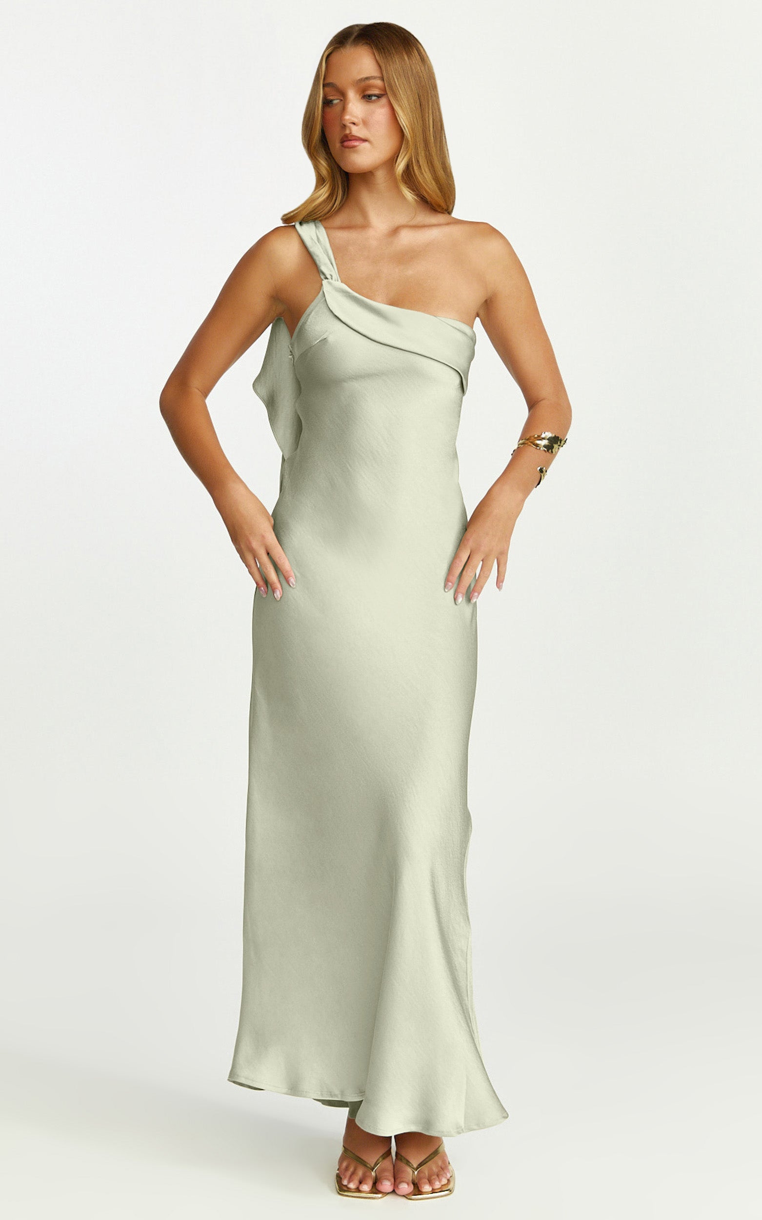 Calix Midi Dress - One Shoulder Slip Dress in Light Olive