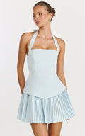 Calla Mini Dress - Halter Neck Peplum Pleated Skirt Dress in Light Blue