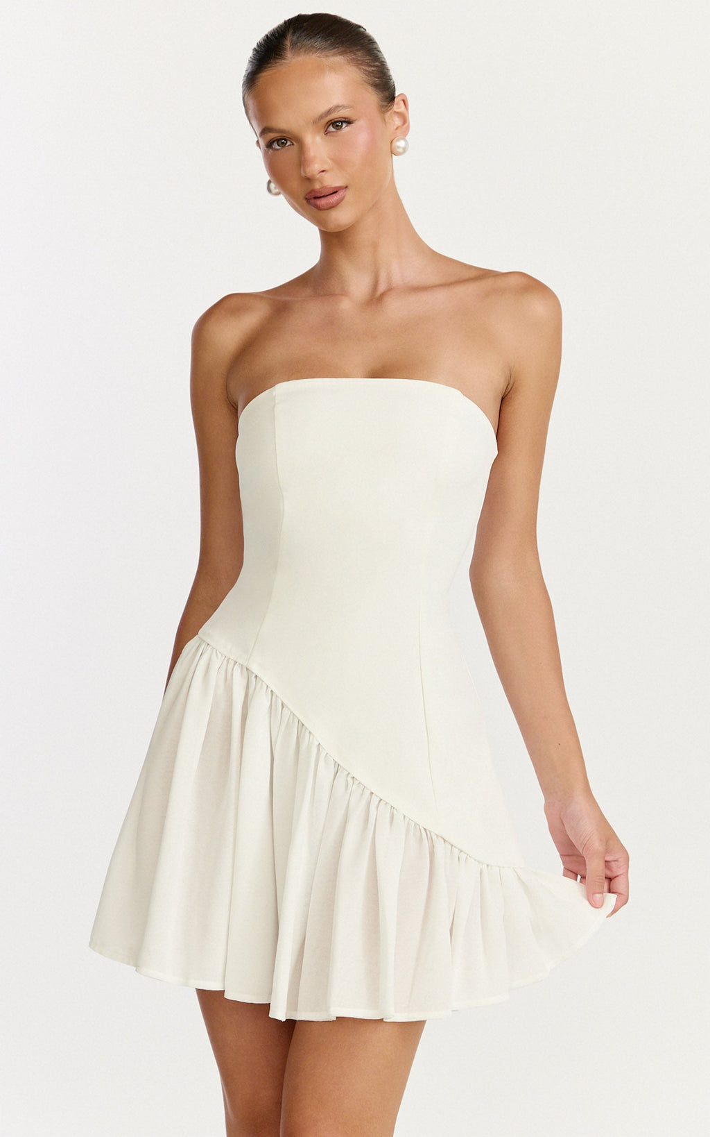 Calla Mini Dress - Strapless Gathered Asymmetric Dropped Waist Dress in White