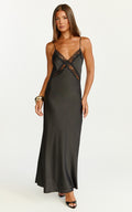 Christy Midi Dress - V Neck Lace Detail Slip Dress in Black