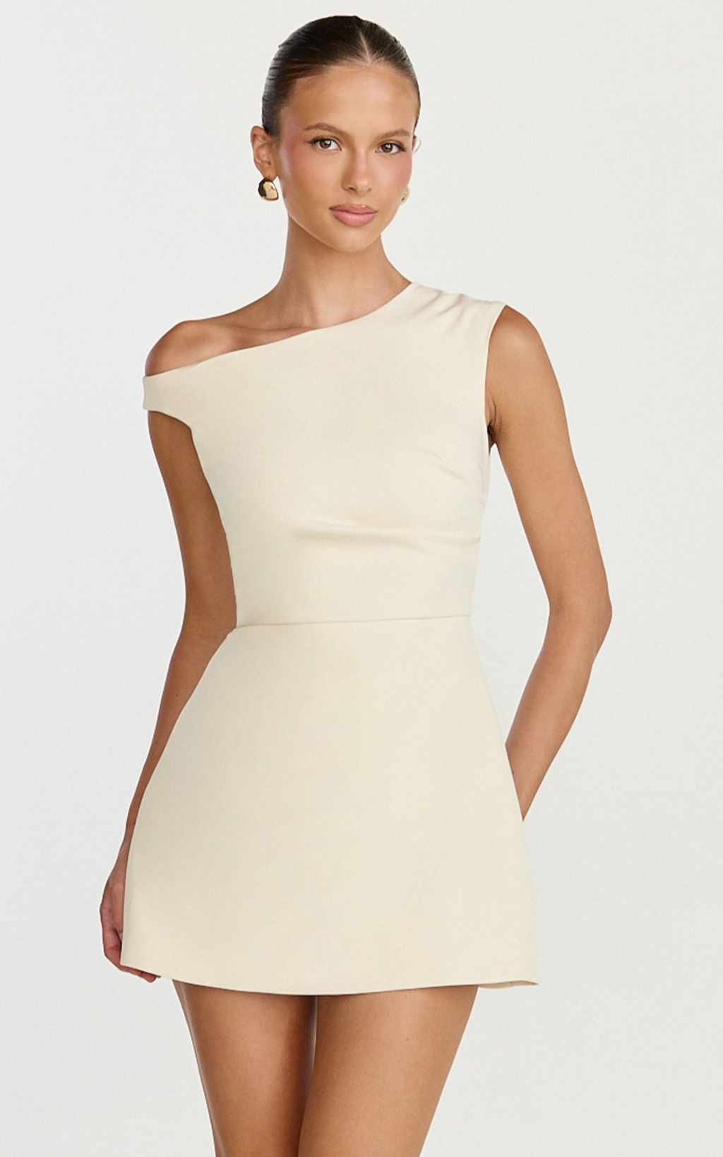 Claire Mini Dress - Tipped Shoulder Tulip Skirt Dress in White