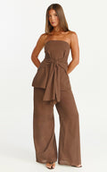 Cora Paige Two Piece Set - Strapless Tie Detail Top and Wide Leg Pant Set in Chocolate