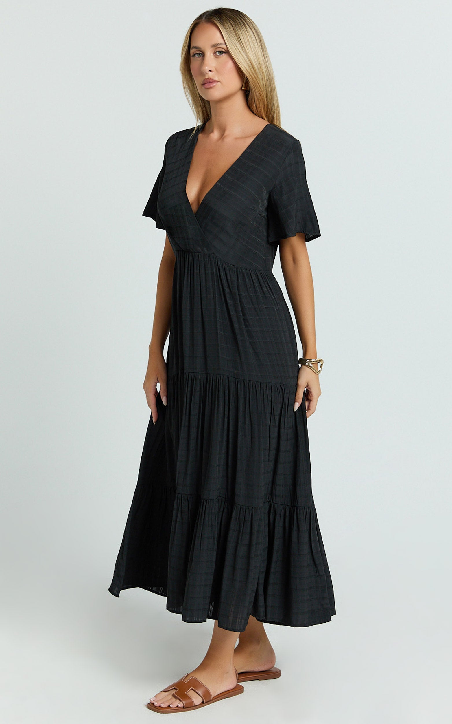 Cryzel Midi Dress - Flutter Sleeve Tiered Dress in Black
