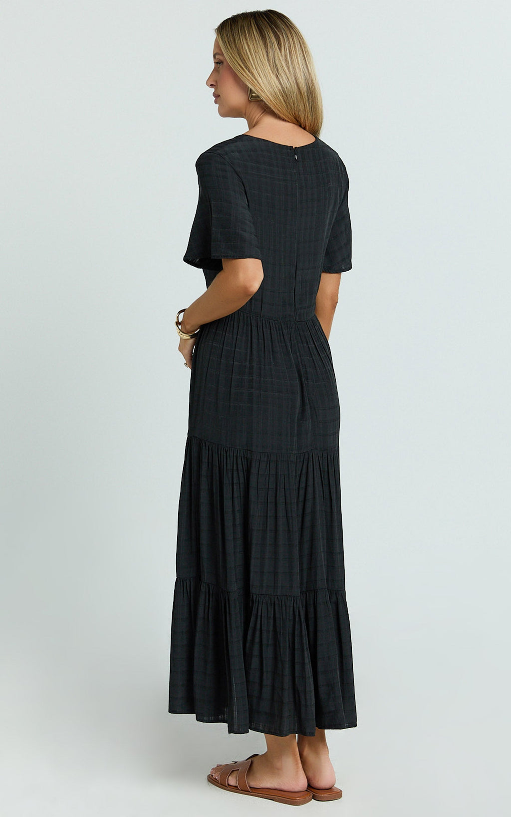 Cryzel Midi Dress - Flutter Sleeve Tiered Dress in Black