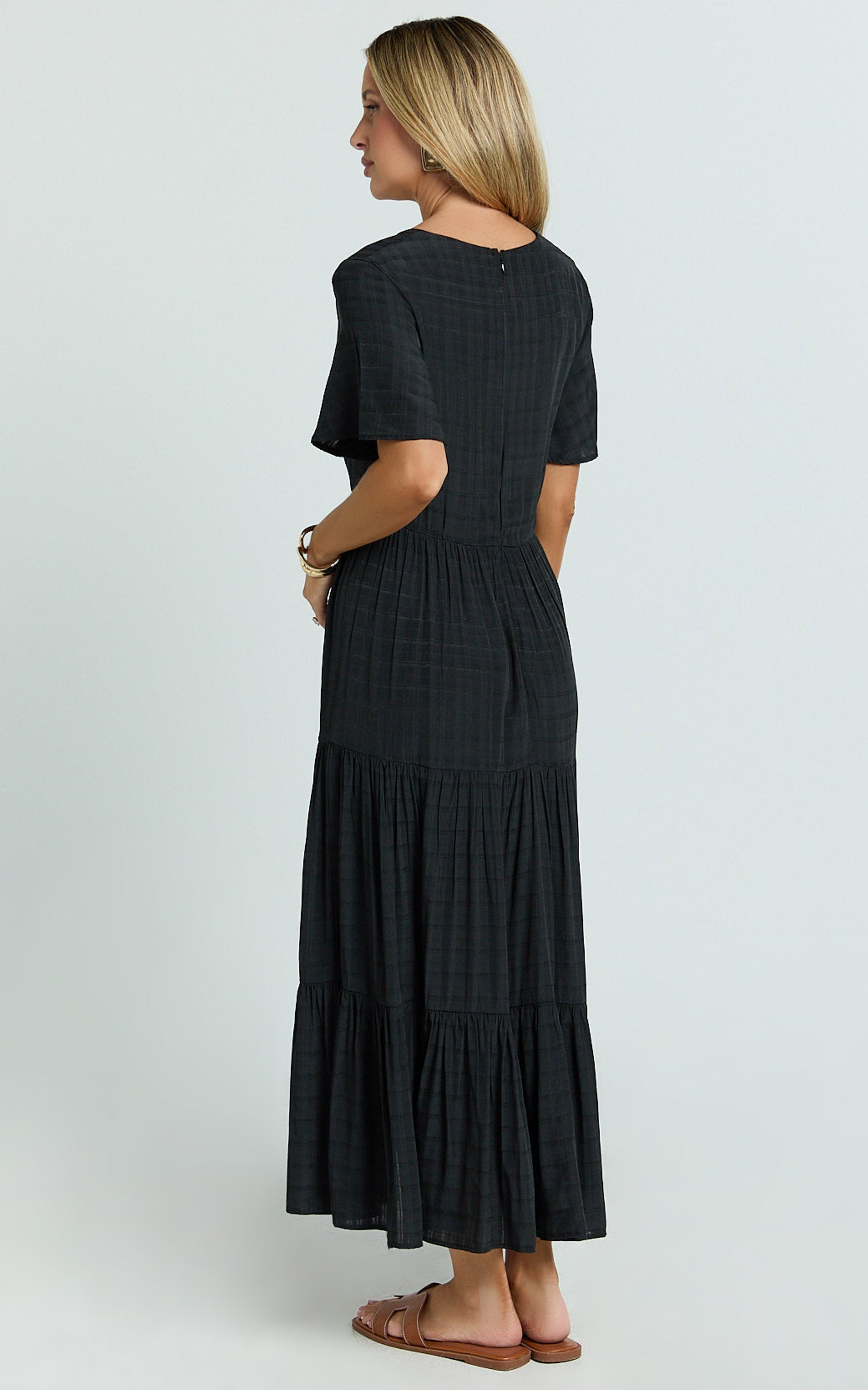 Cryzel Midi Dress - Flutter Sleeve Tiered Dress in Black