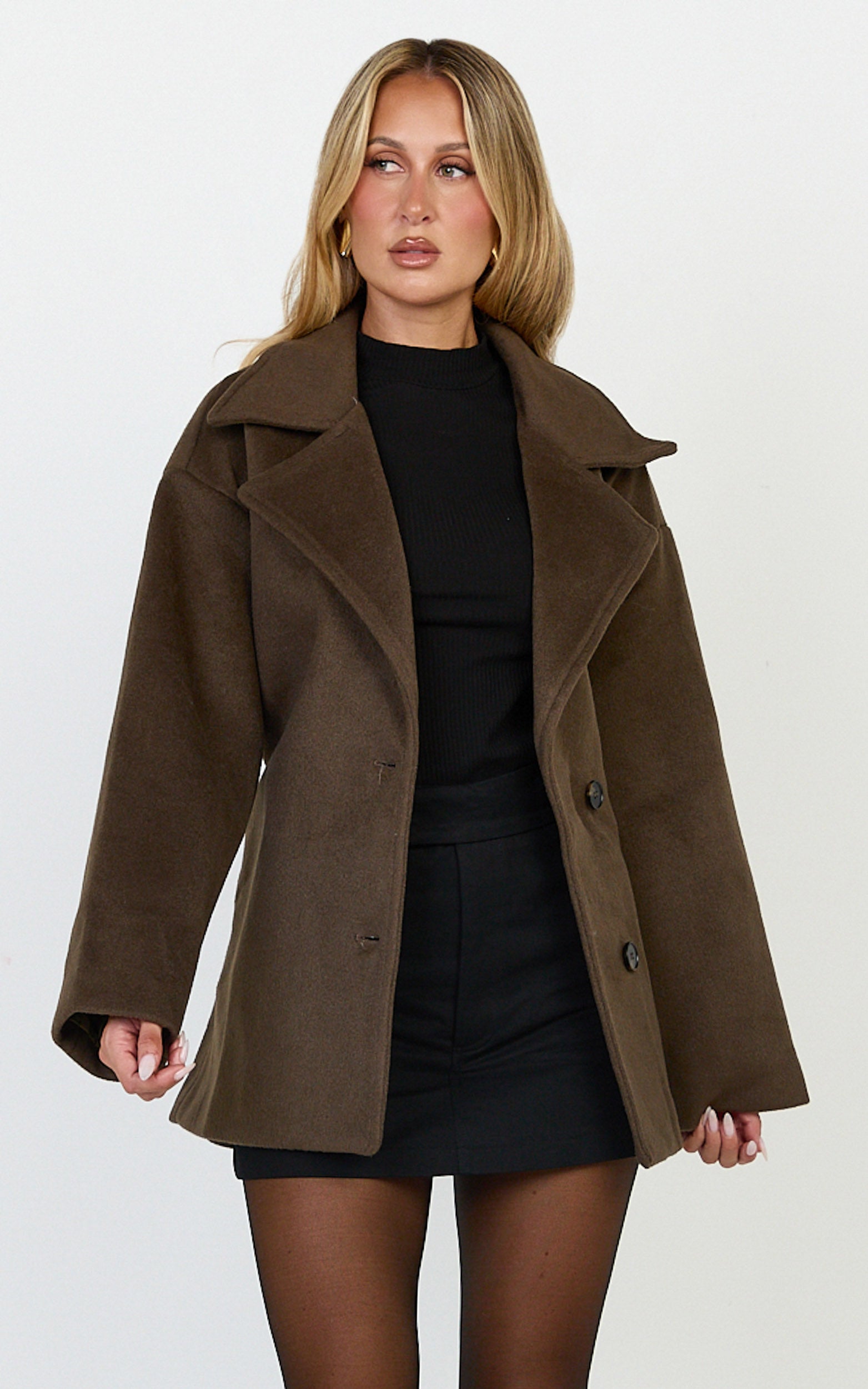 Dahlia Coat - Single Breasted Belted Short Wool Like Coat in Dark Chocolate