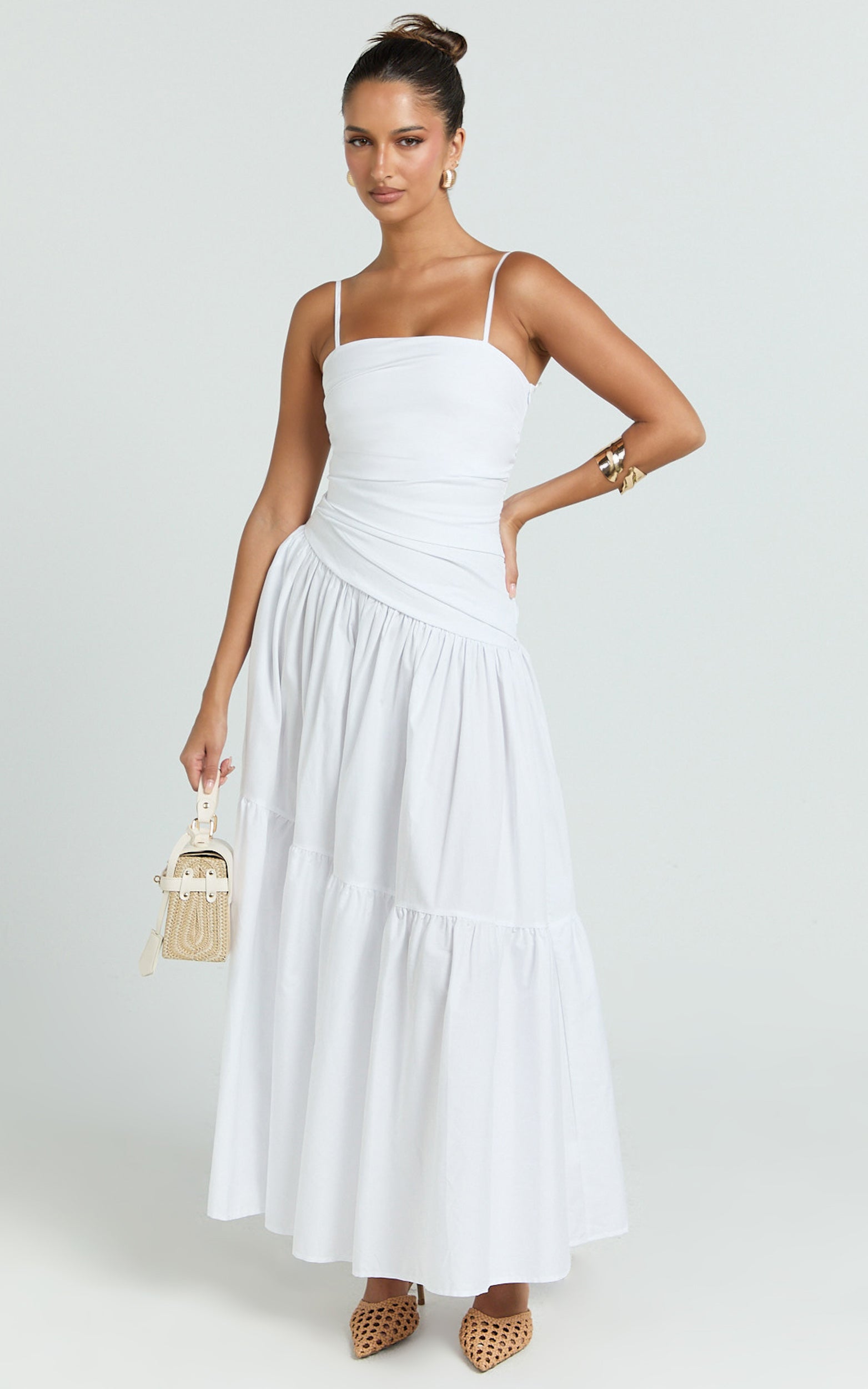 Dani Midi Dress - Asymmetrical Ruched Waisted in White