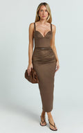 Desi Midi Dress - Spaghetti Strap V Neck Front Leg Split Dress in Chocolate