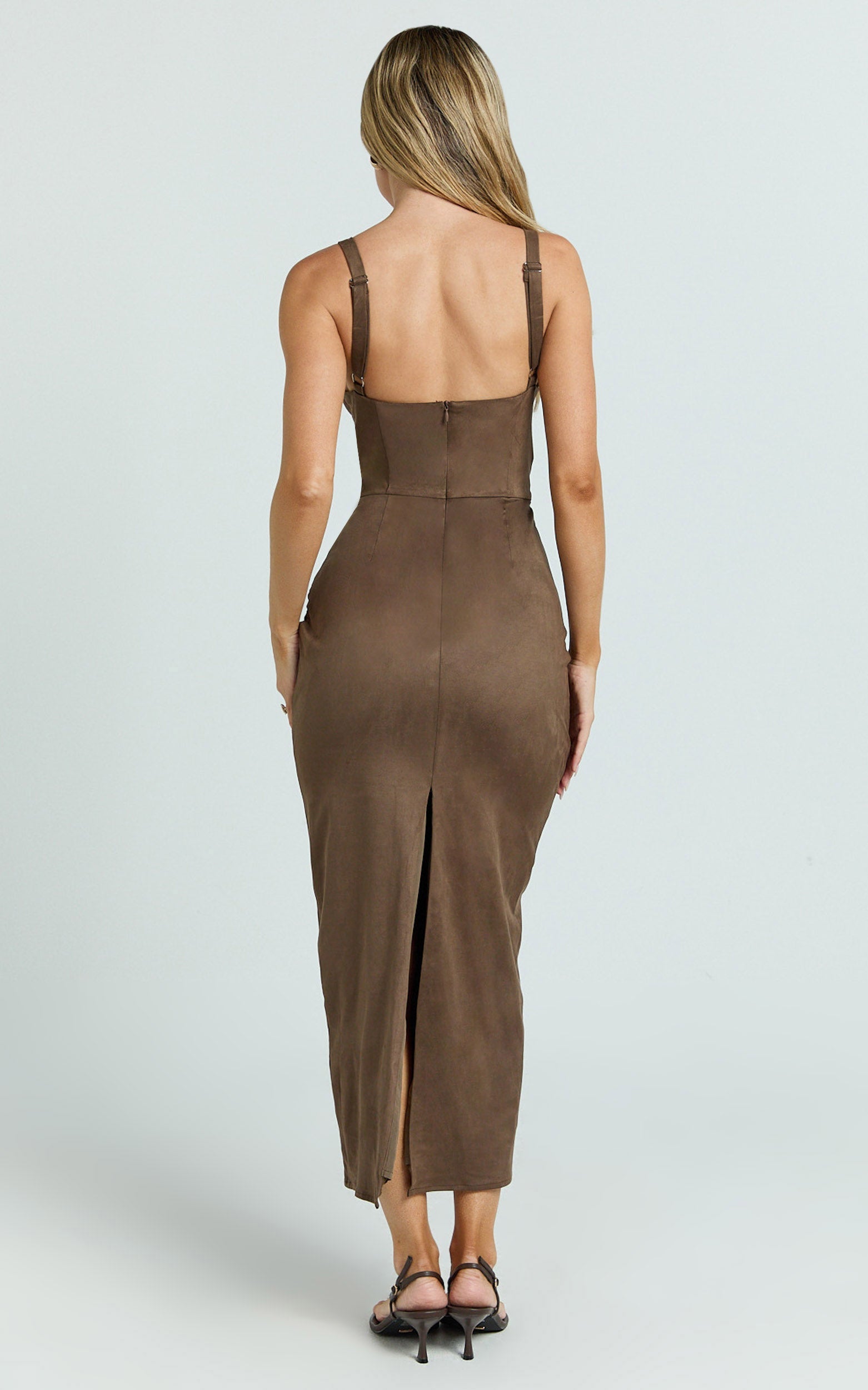 Desi Midi Dress - Spaghetti Strap V Neck Front Leg Split Dress in Chocolate