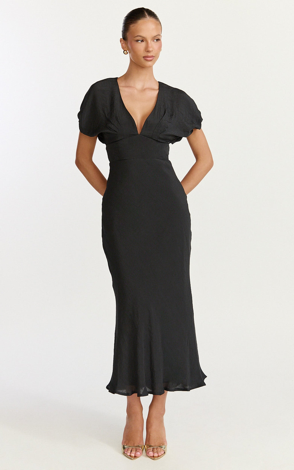 Desiree Midi Dress - V Neck Flutter Short Sleeve Slip Dress in Black