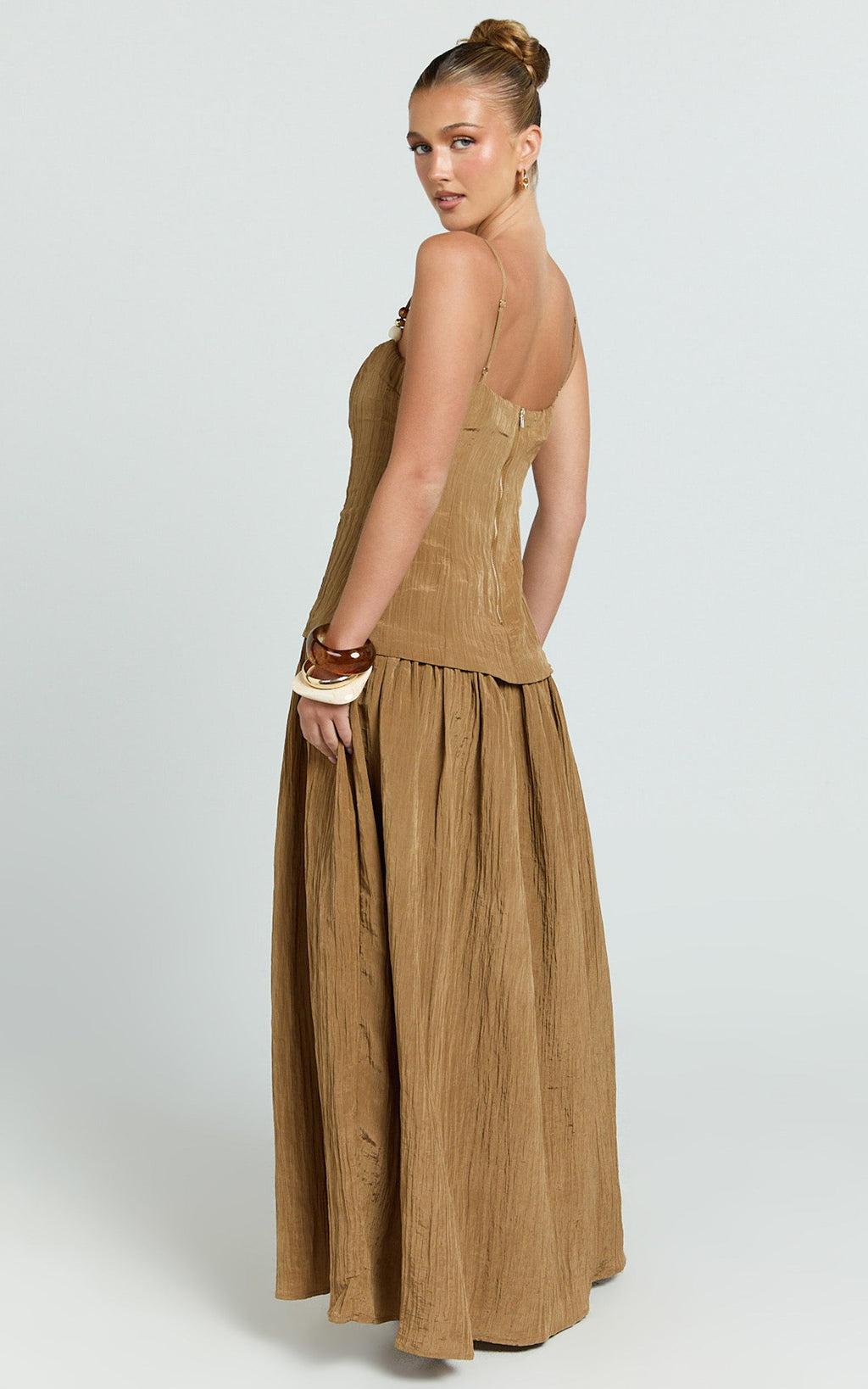 Edie Maxi Dress - Straight Neck Gathered Drop Waist Dress in Brown