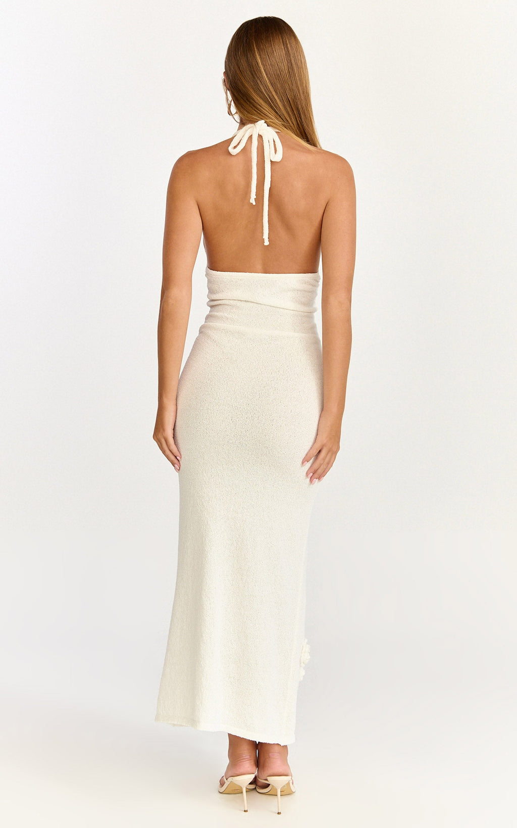 Elodie Maxi Dress - Halter 3D Floral Knit Dress in Cream