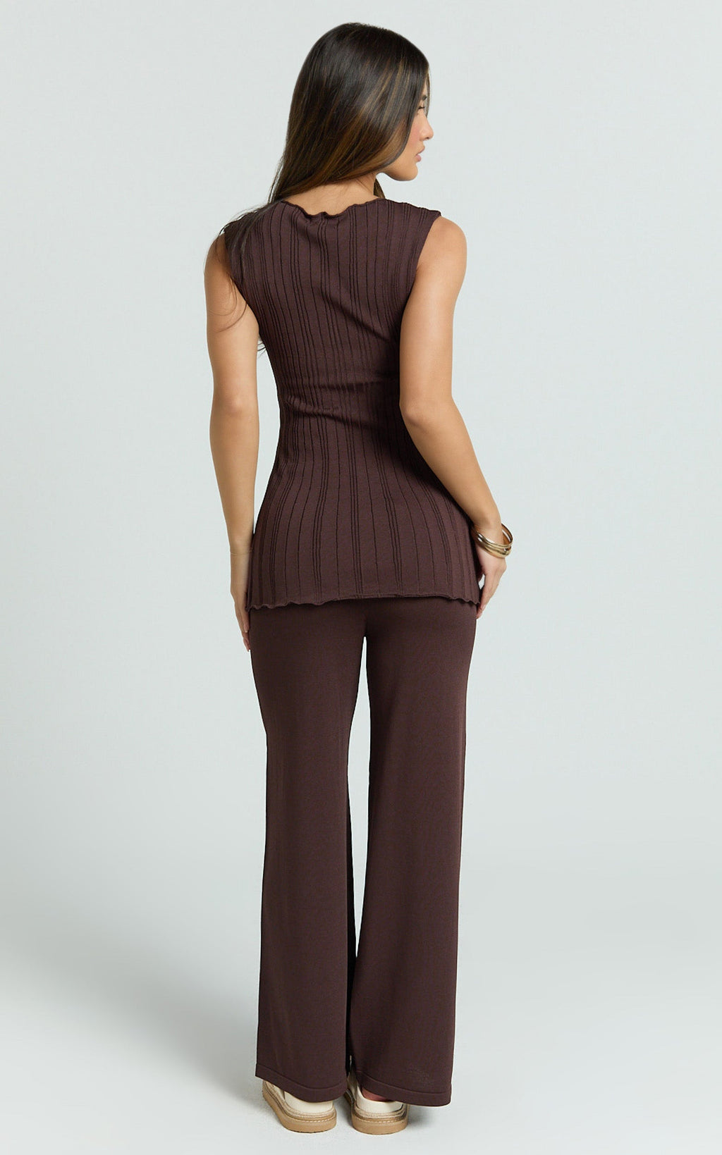 Elodie Two Piece Set - Rib Knit Top and Pant Set in Chocolate