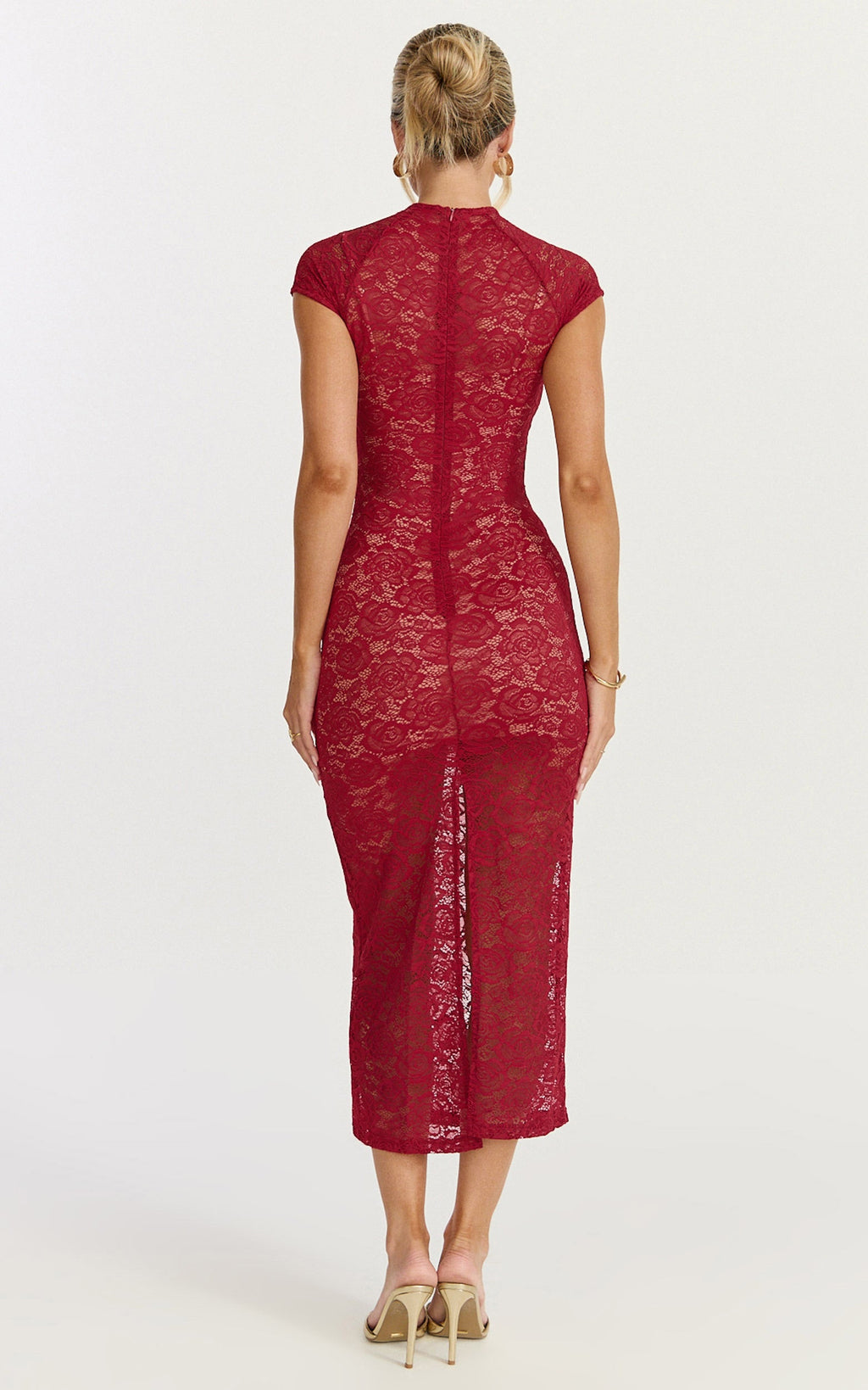 Emma Midi Dress - Lace Cap Sleeve Bodycon Dress in Wine