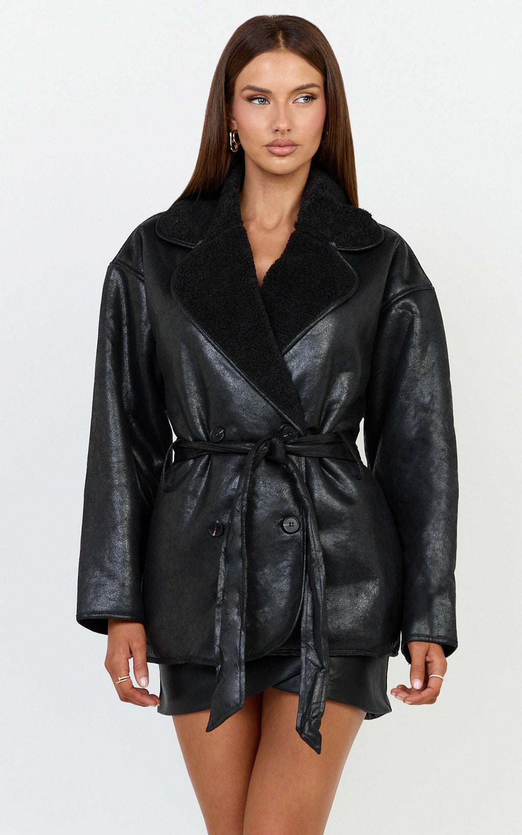 Esme Coat - Double Breasted Belted Faux Leather Faux Fur Lined Jacket in Black