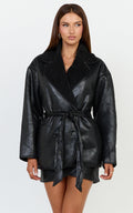 Esme Coat - Double Breasted Belted Faux Leather Faux Fur Lined Jacket in Black