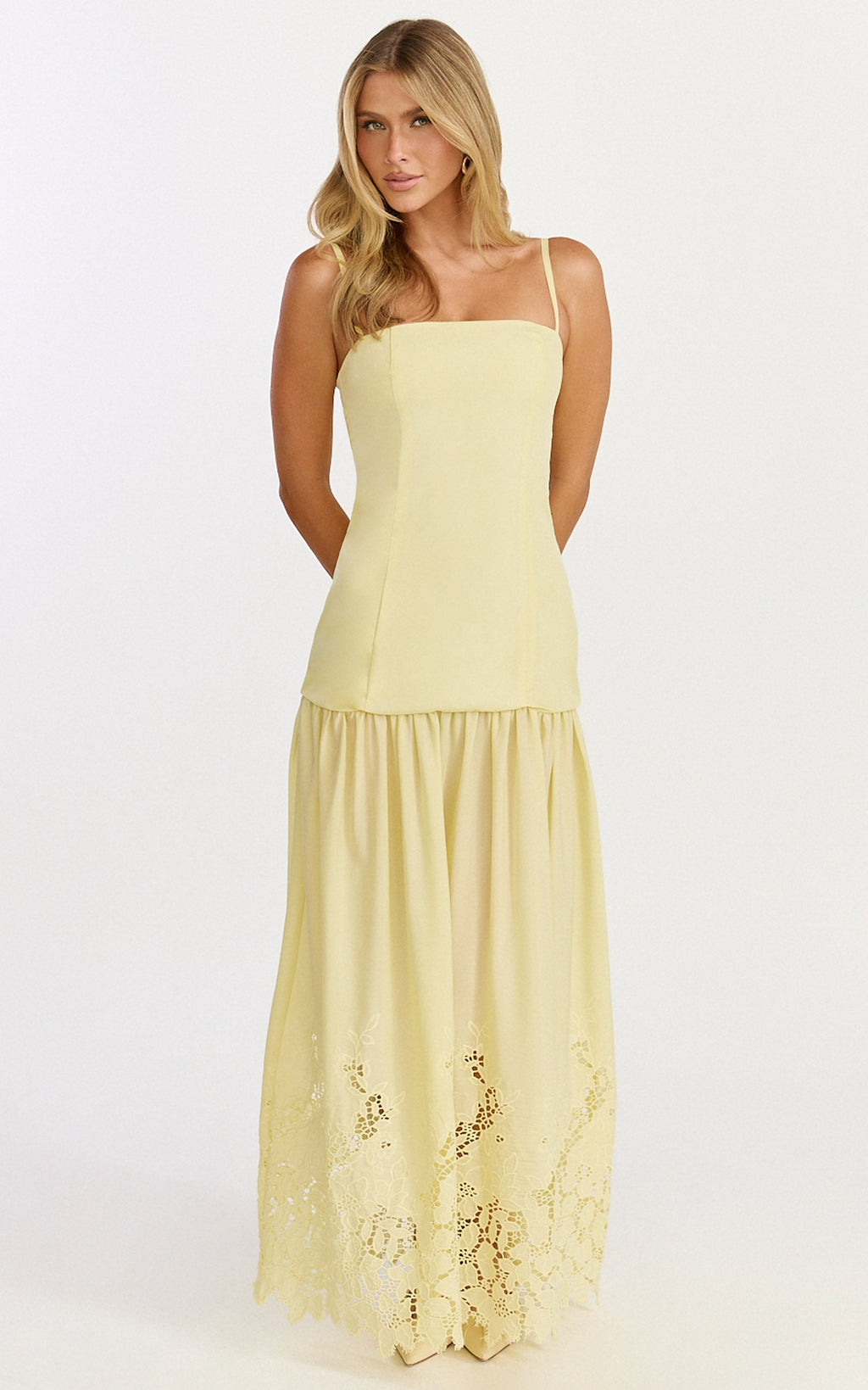 Everly Maxi Dress - Straight Neck Broderie Cut Out Hem Dress in Lemon