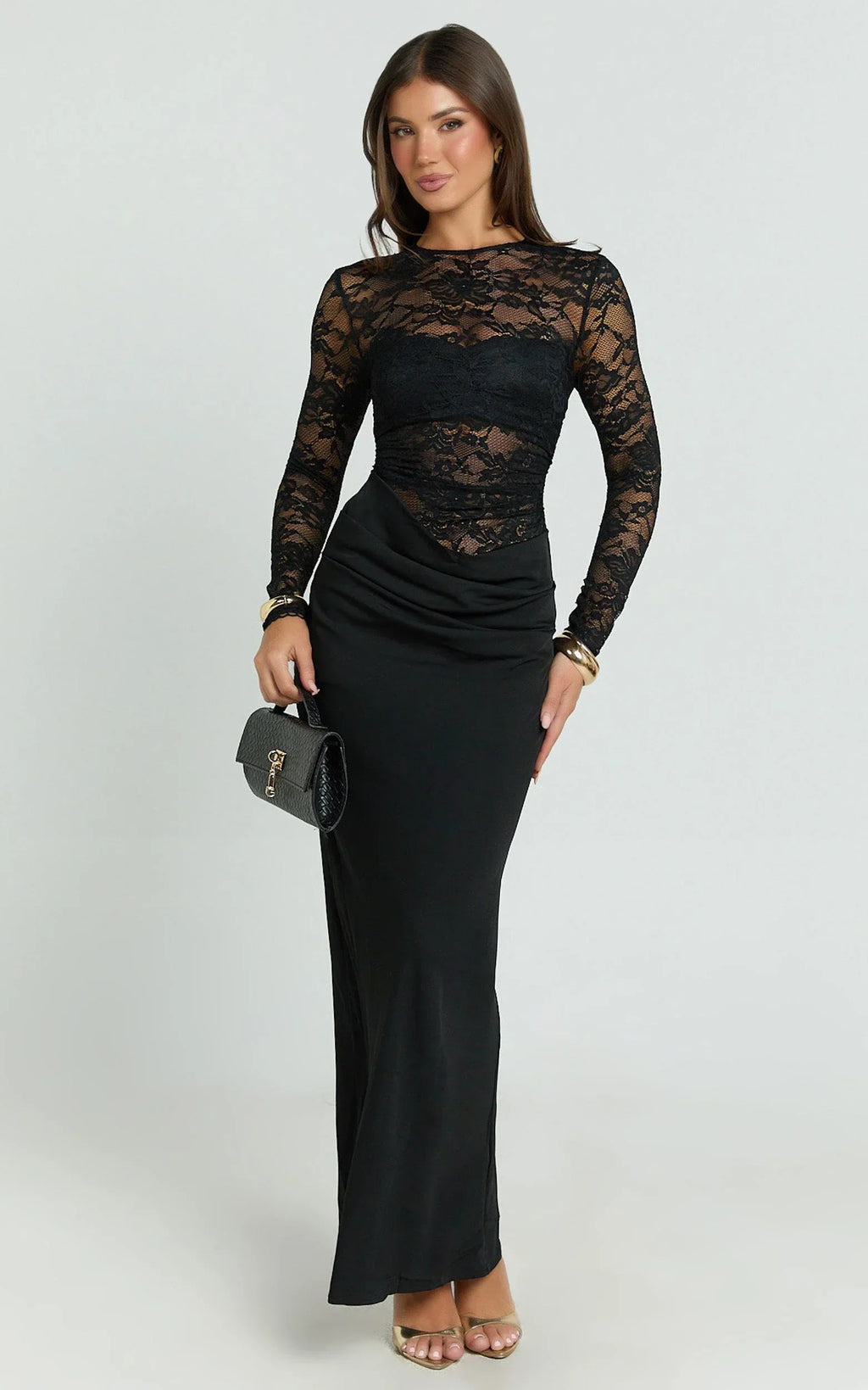 Crisanta Maxi Dress - Long Sleeve Contrast Lace Bodycon Dress in Black