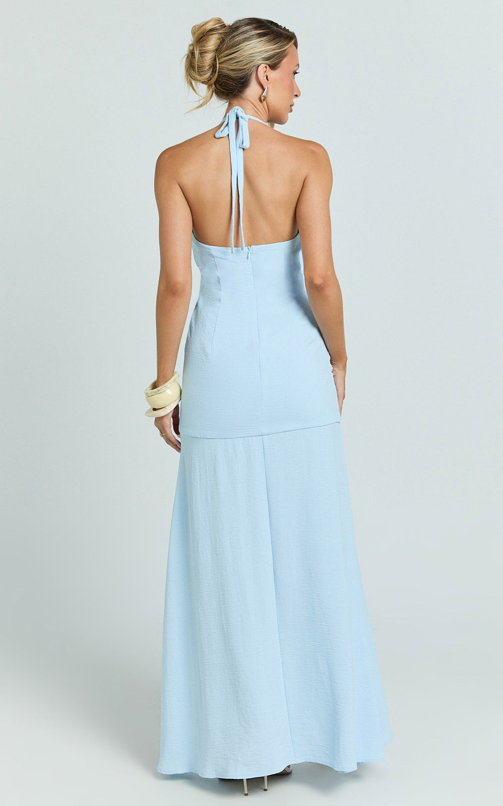 Faye Maxi Dress - Halter Neck Chain Detail Front Draped Leg Split Dress in Blue