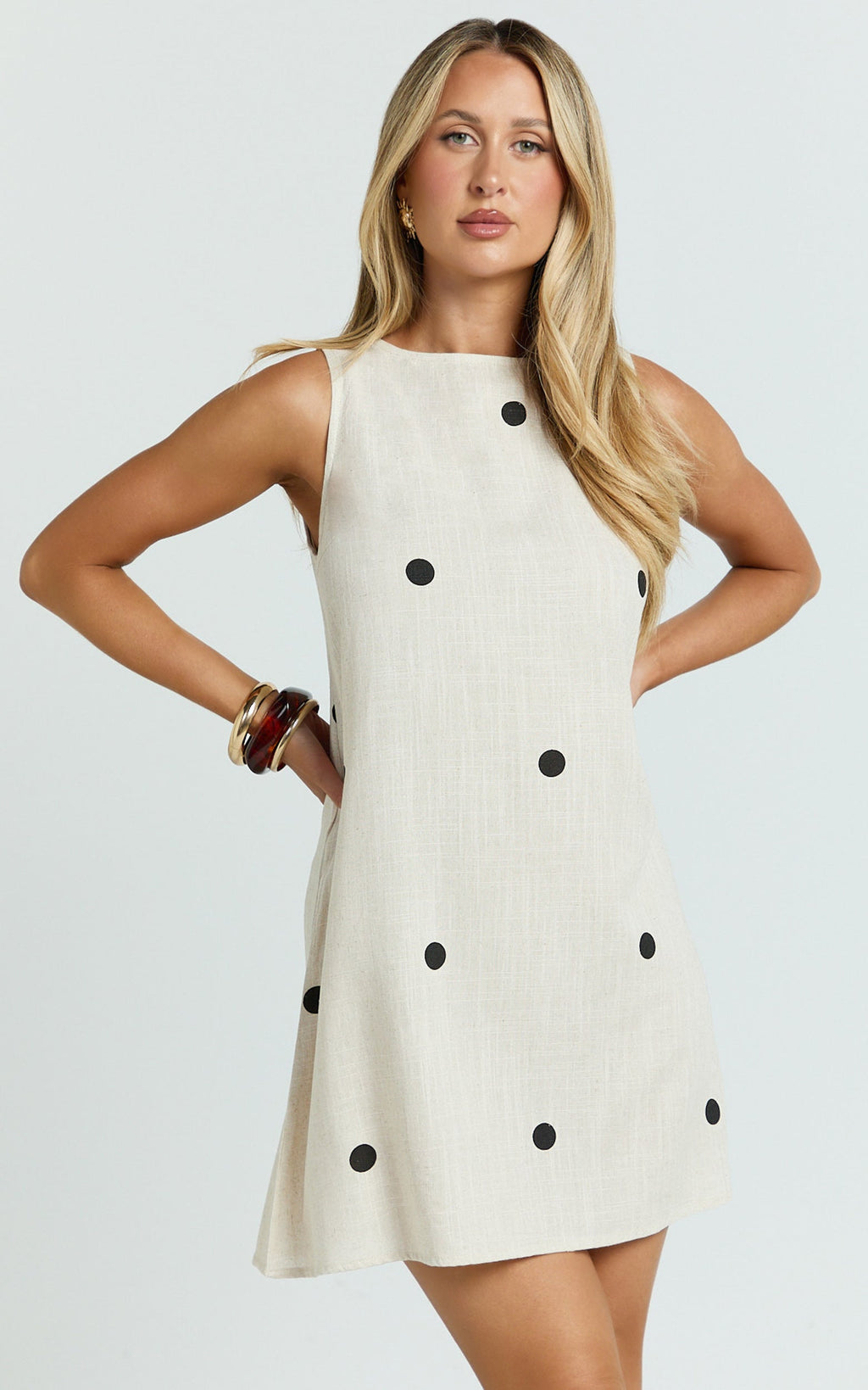 Faye Mini Dress - Sleeveless Shift Dress in Oatmeal Polka Dot