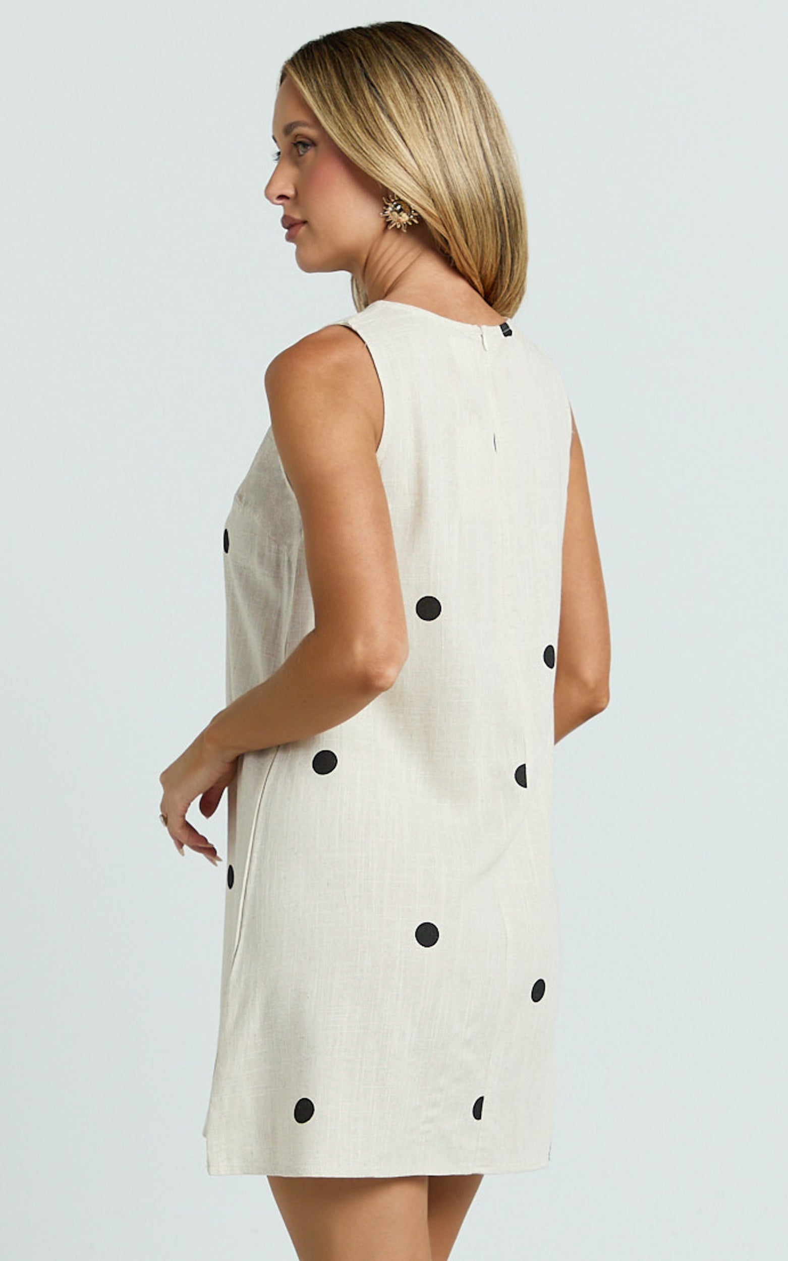 Faye Mini Dress - Sleeveless Shift Dress in Oatmeal Polka Dot