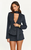 Georgie Top - Button Down Fitted Pinstripe Scarf Blazer Top in Dark Navy