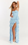 Bella Maxi Dress - Strapless Corset Bodice Lace Up Back Tiered Ruffle Dress in Soft Blue