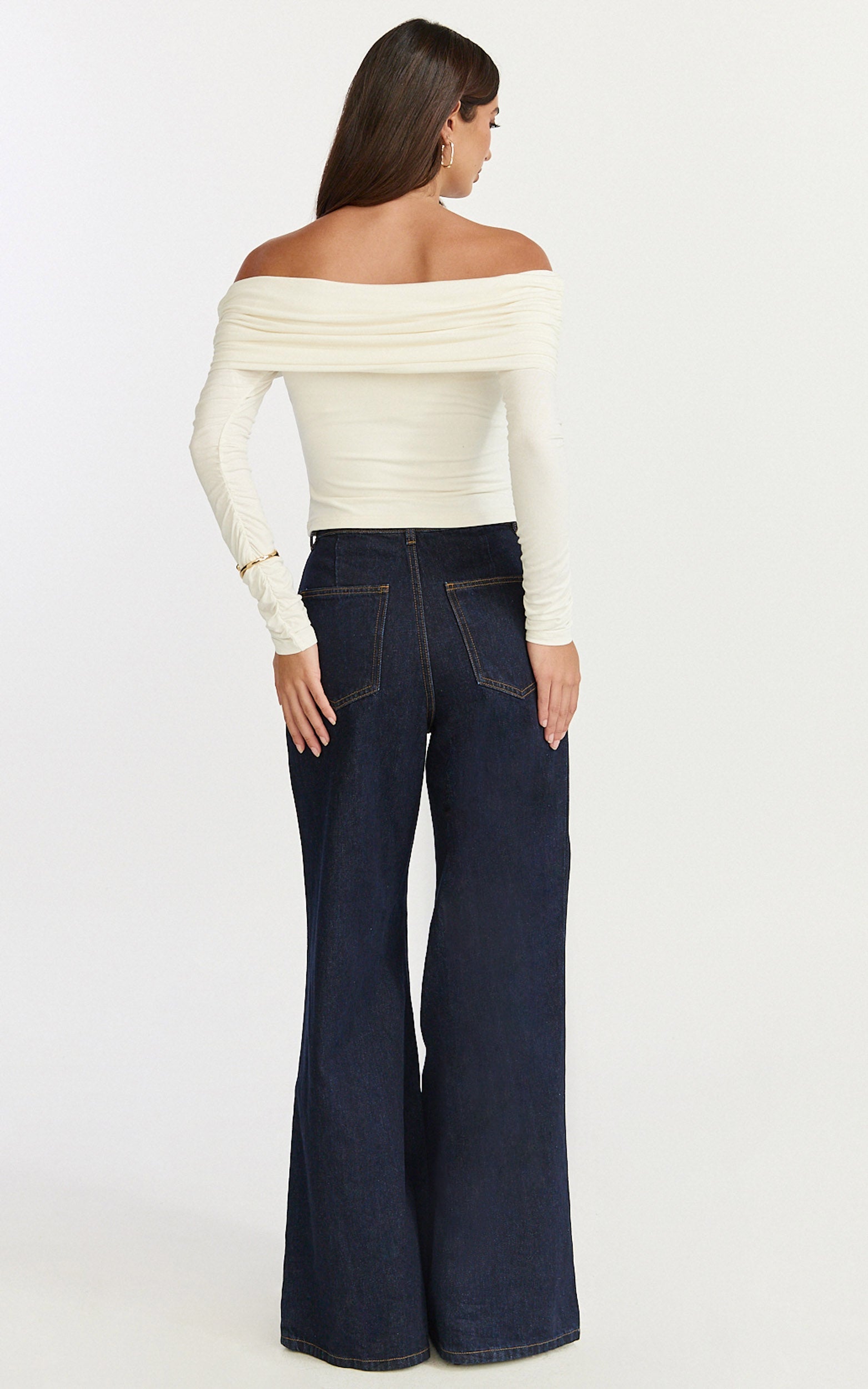 Jolie Top - Off Shoulder Long Sleeve Gathered Top in Cream